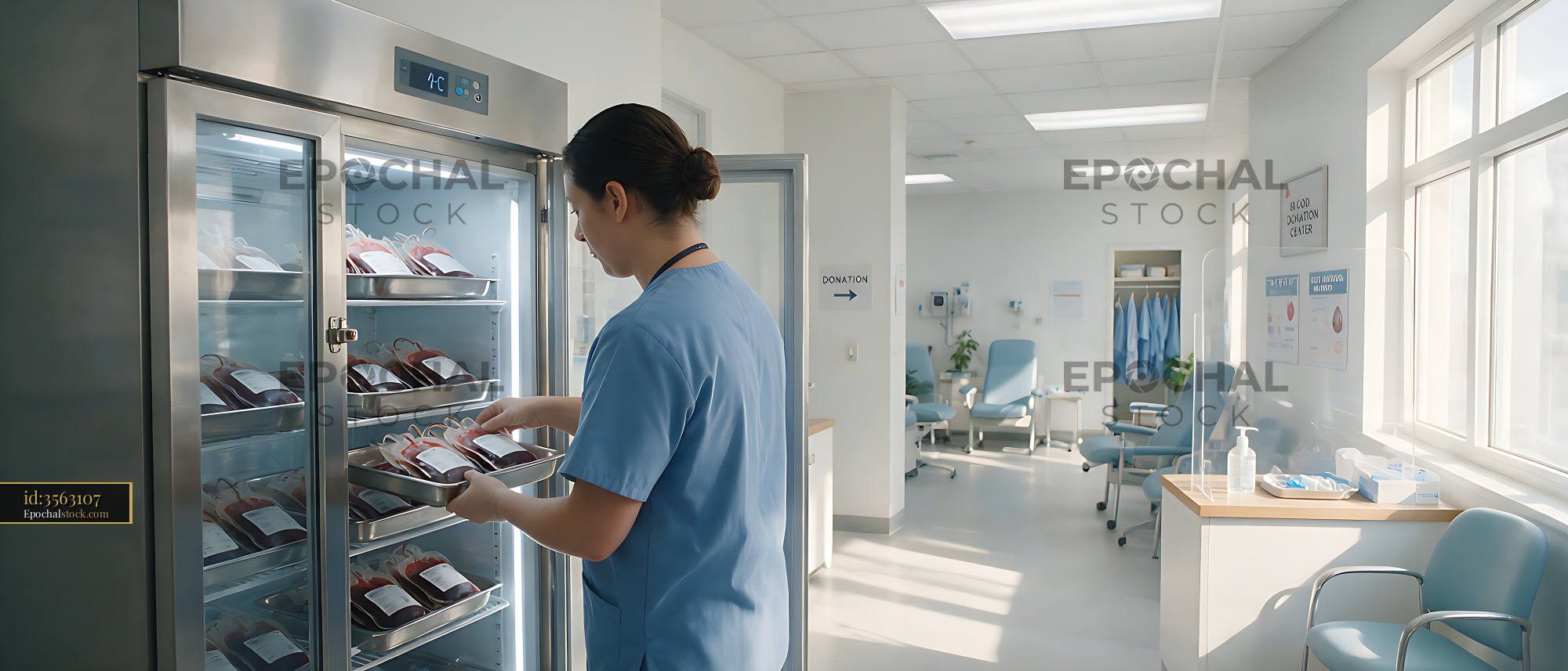 Watermarked full-resolution preview of Blood bags stored in a refrigerator at a medical facility