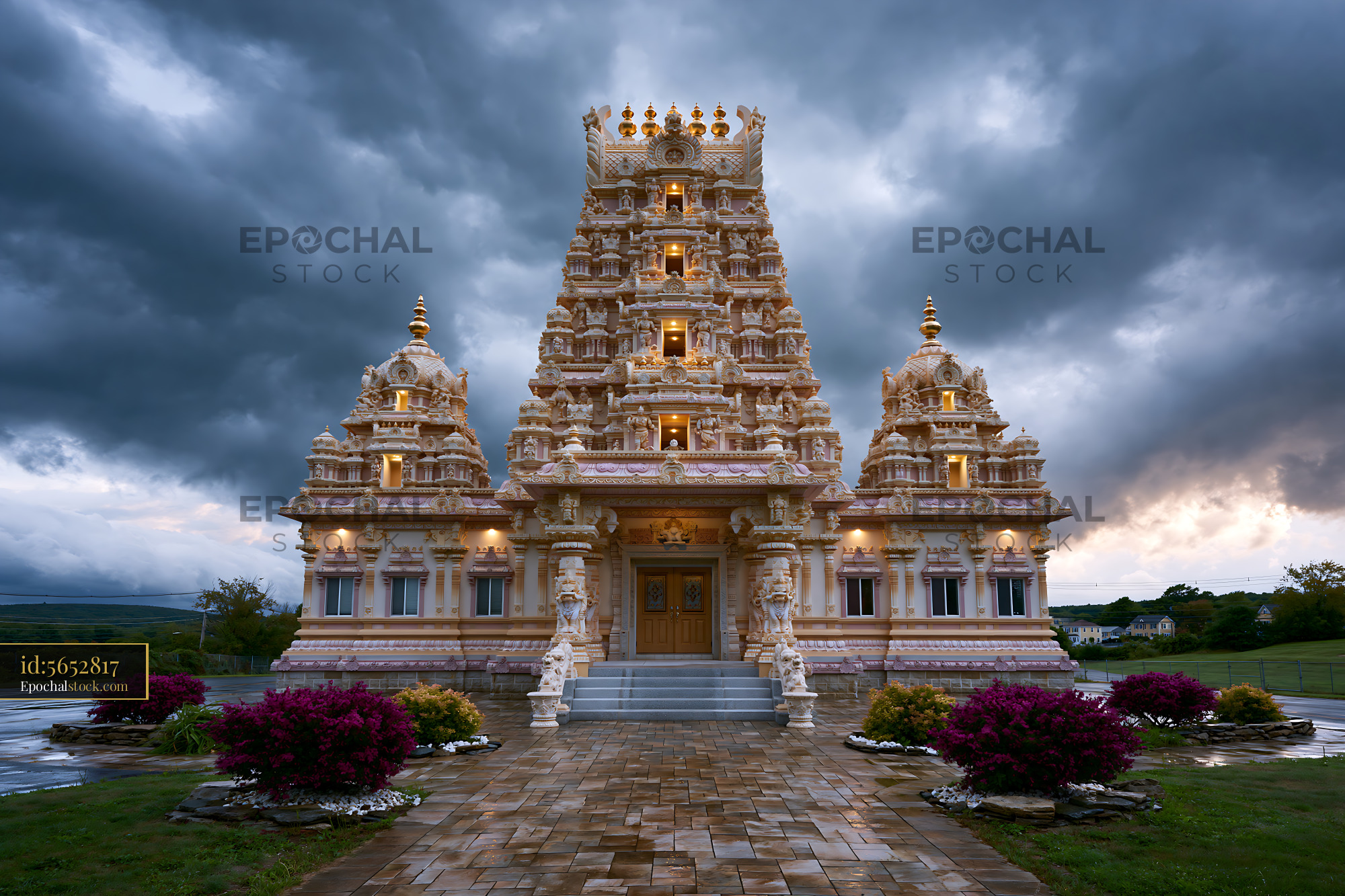 Watermarked full-resolution preview of Hindu temple with intricate architecture under cloudy sky