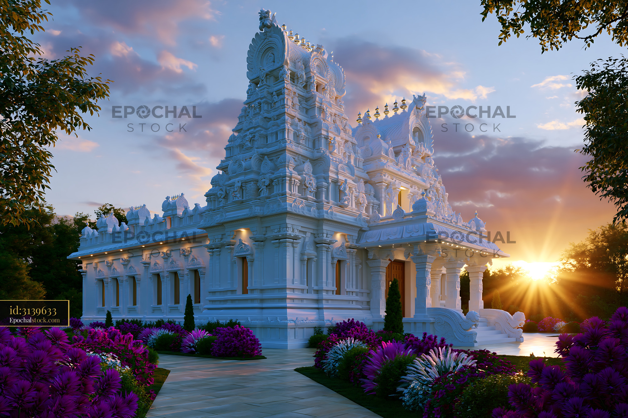 Watermarked full-resolution preview of Sunset view of a white temple surrounded by colorful flowers