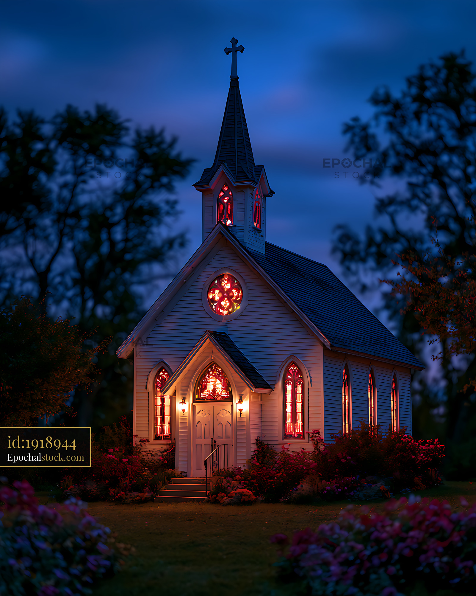 Watermarked full-resolution preview of Gothic chapel with illuminated stained glass at dusk