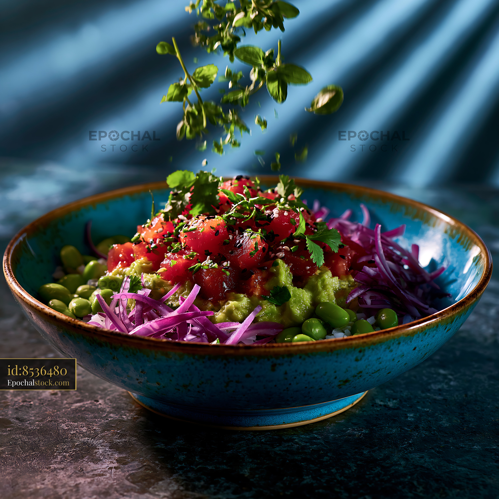 Watermarked full-resolution preview of Salad bowl with fresh ingredients and herbs on a textured surface
