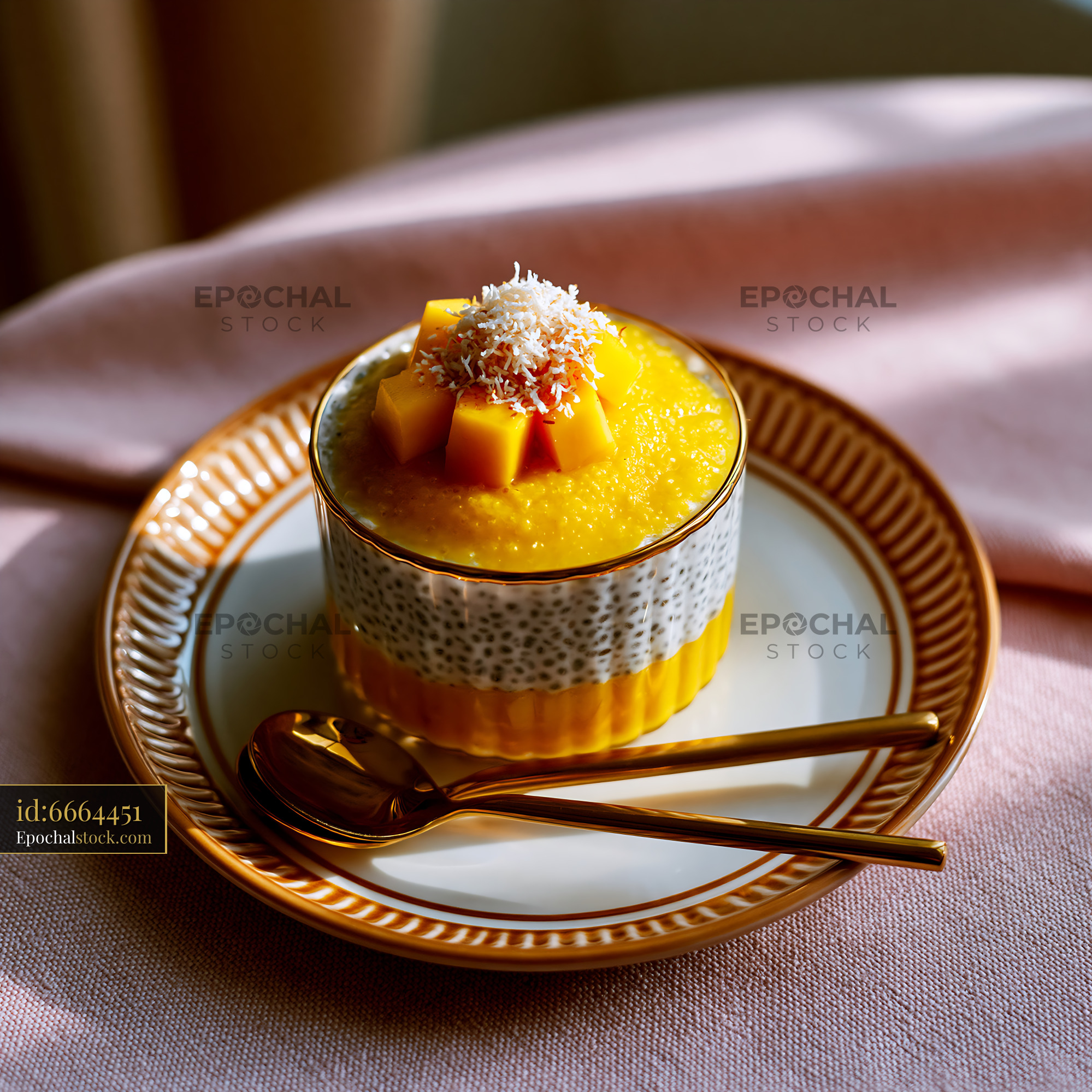 Watermarked full-resolution preview of Dessert with mango and coconut on a plate with a spoon