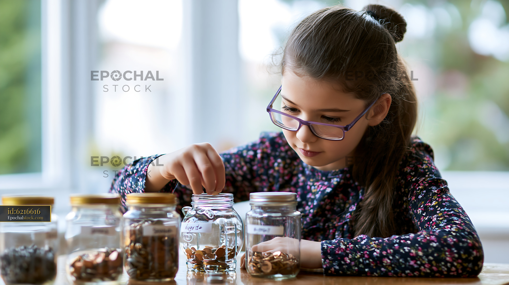 Watermarked full-resolution preview of Girl sorting coins in glass jars at home on a sunny day