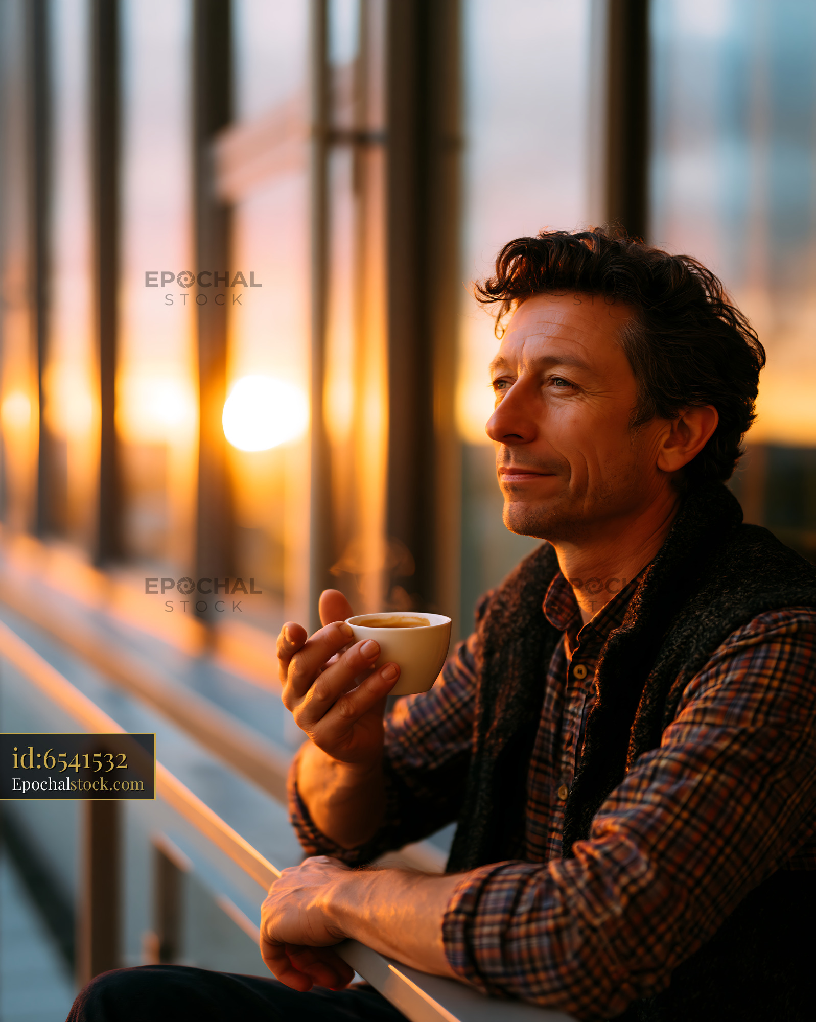 Watermarked full-resolution preview of Man enjoying coffee at sunset in a modern urban setting