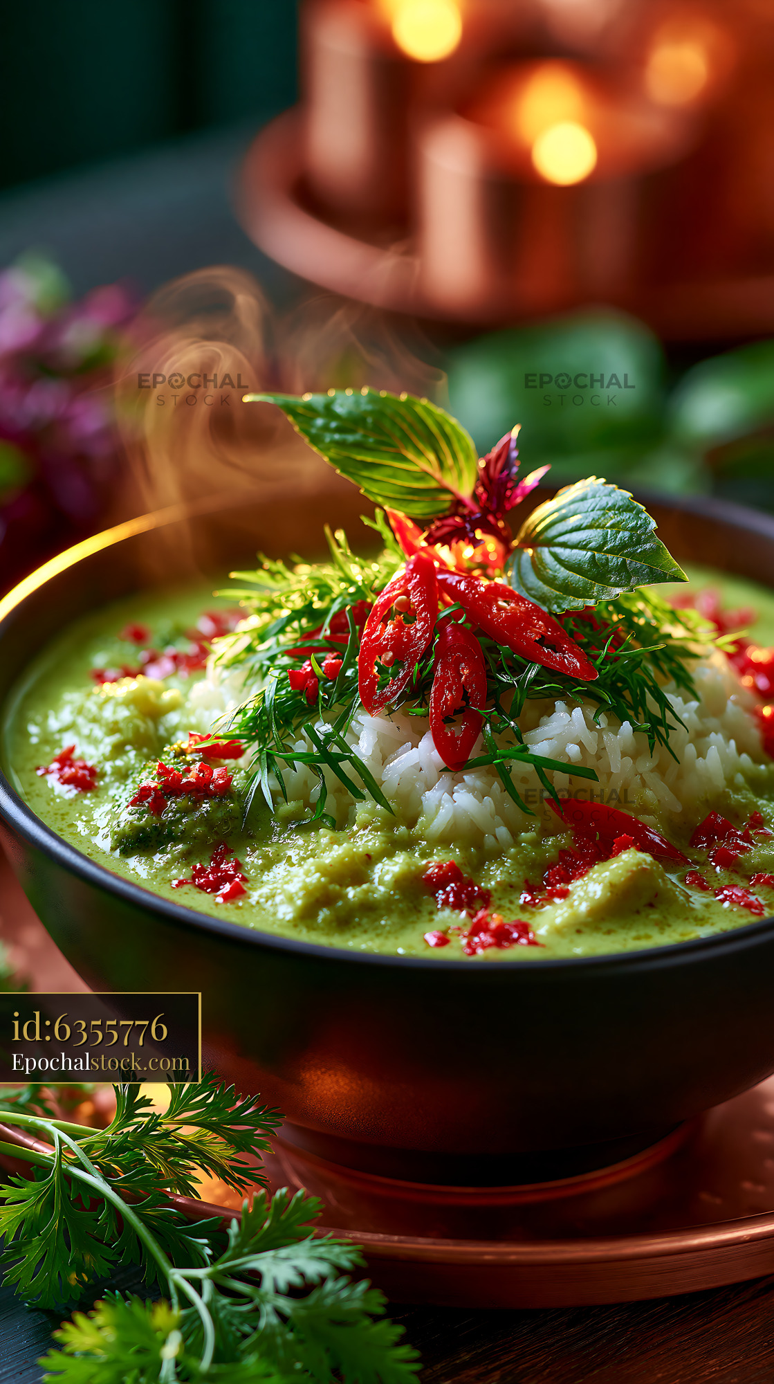 Watermarked full-resolution preview of Green curry with rice garnished with herbs and chili