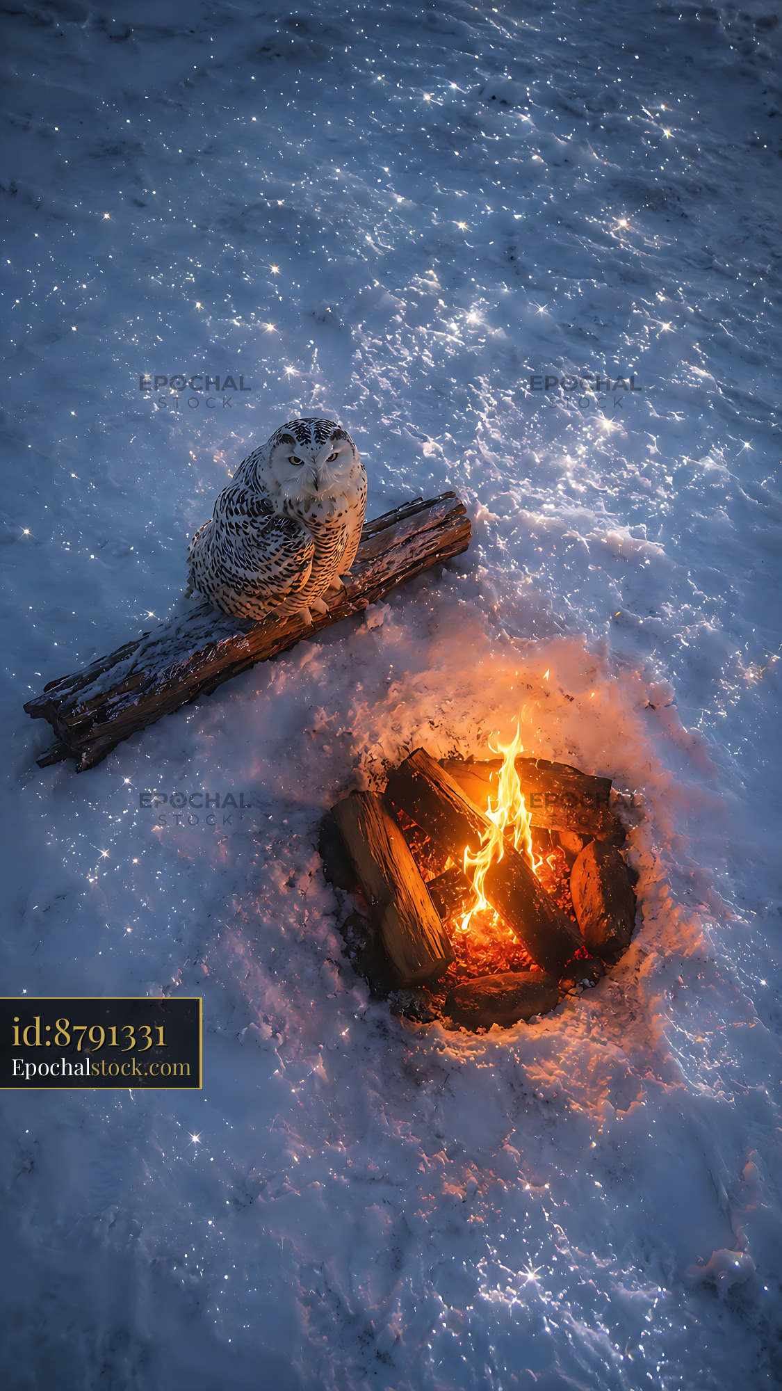 Watermarked full-resolution preview of Snowy owl near a campfire on a snowy ground