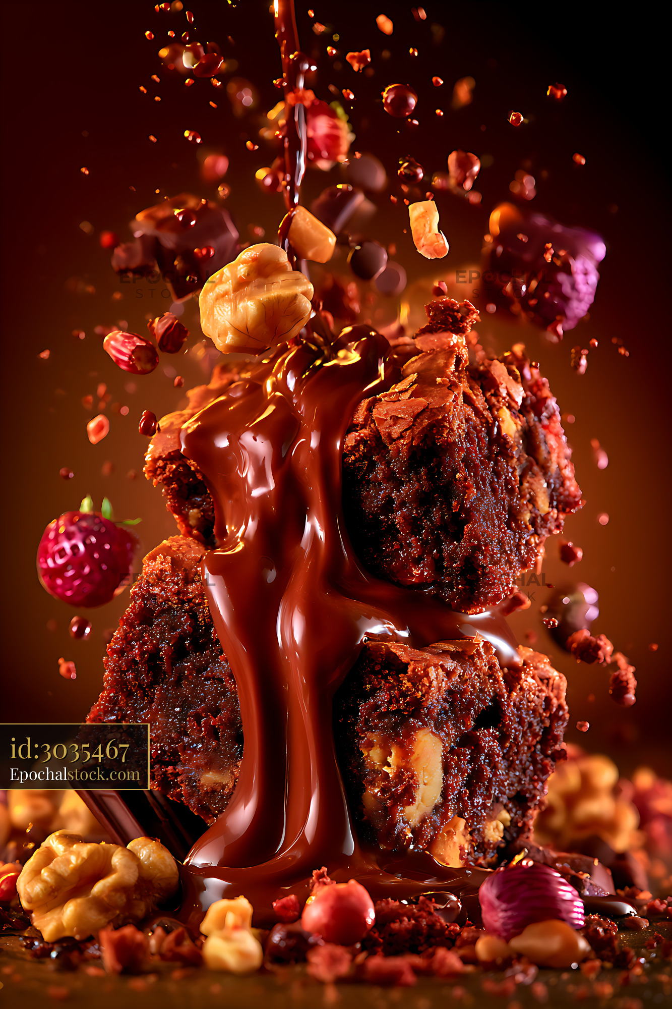Watermarked full-resolution preview of Decadent chocolate dessert topped with glossy sauce and nuts