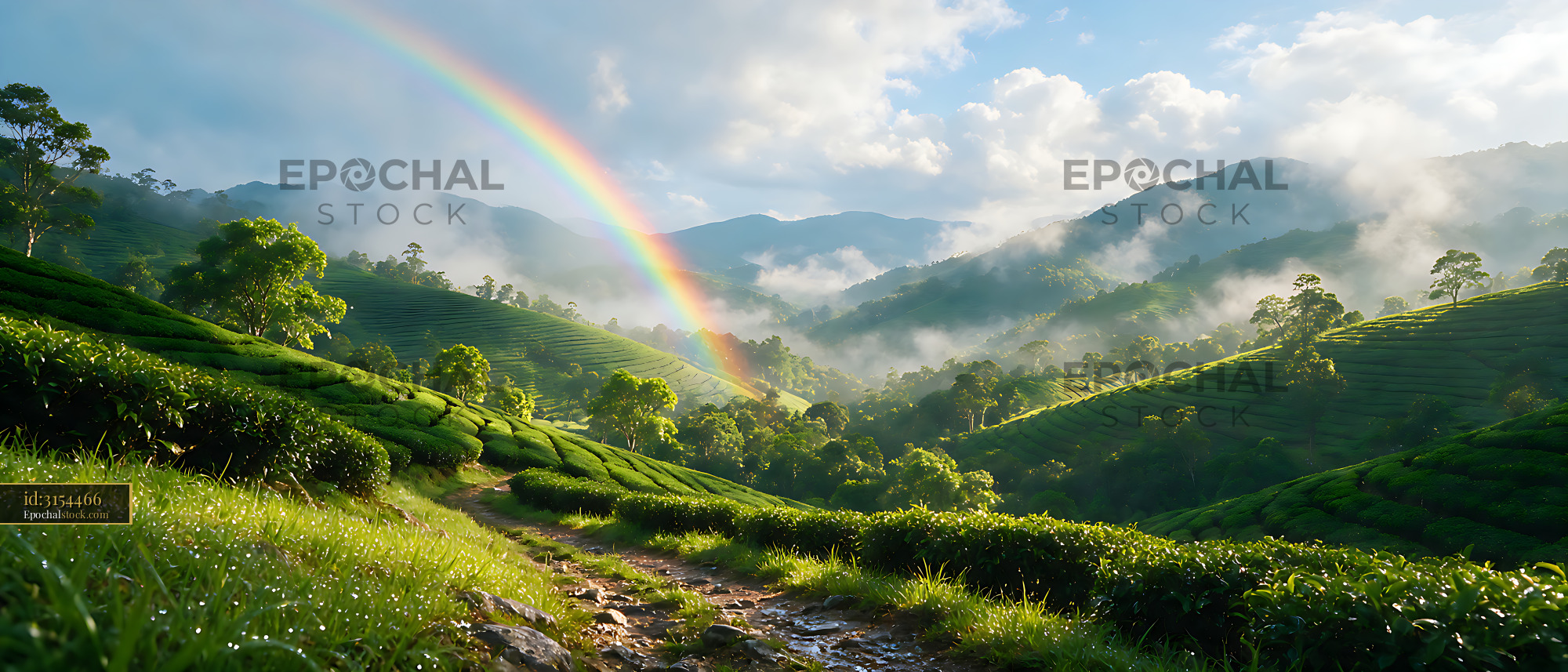 Watermarked full-resolution preview of Misty Mountain Valley Tea Plantation with Rainbow