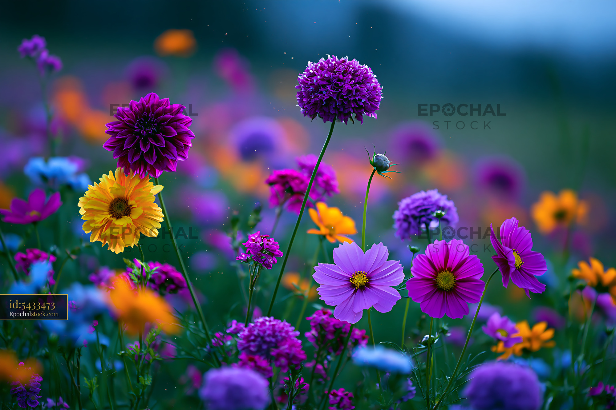 Flowers Bloom in Colorful Garden Under Evening Light - stock photo