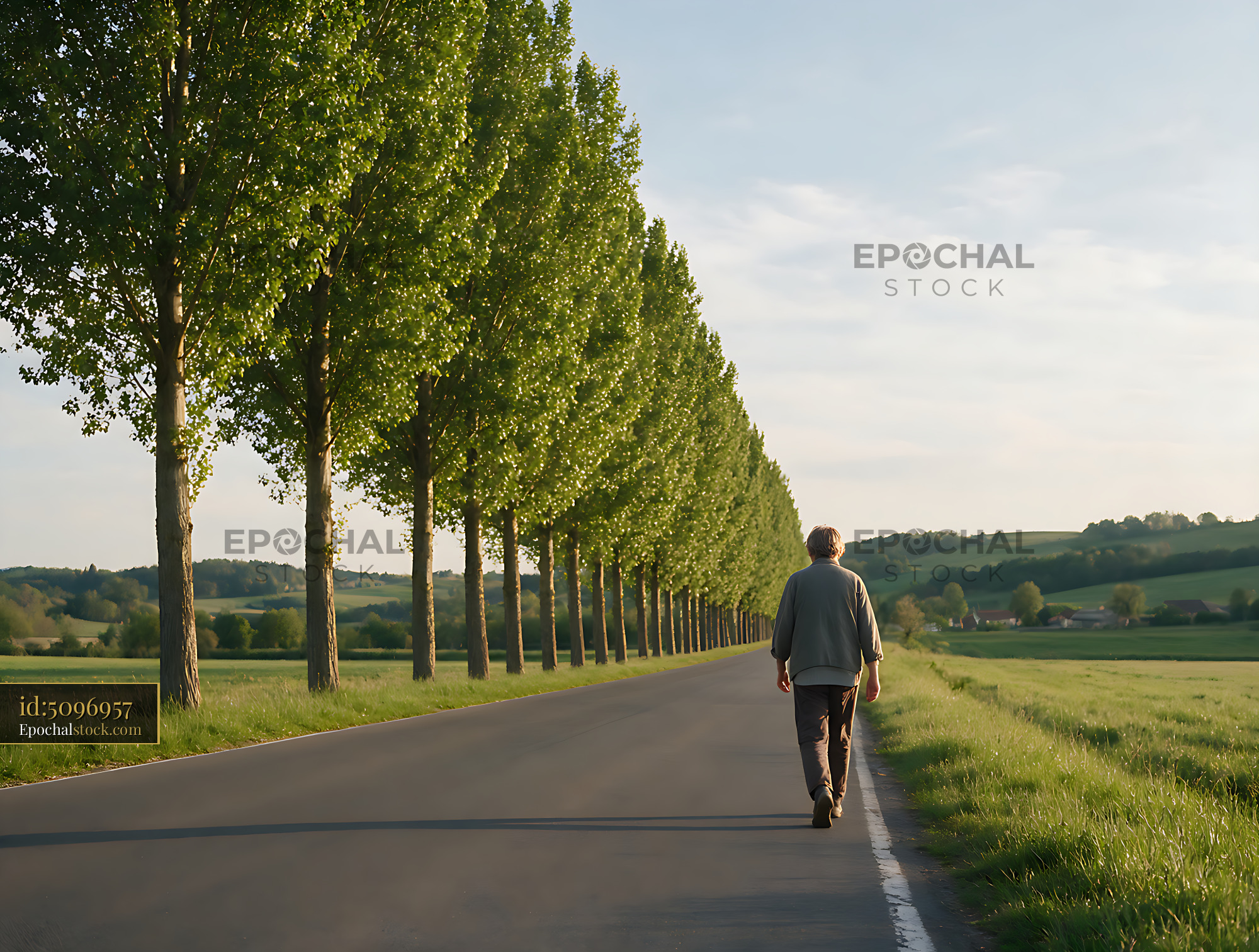Watermarked full-resolution preview of Tree-lined country road through green rolling fields