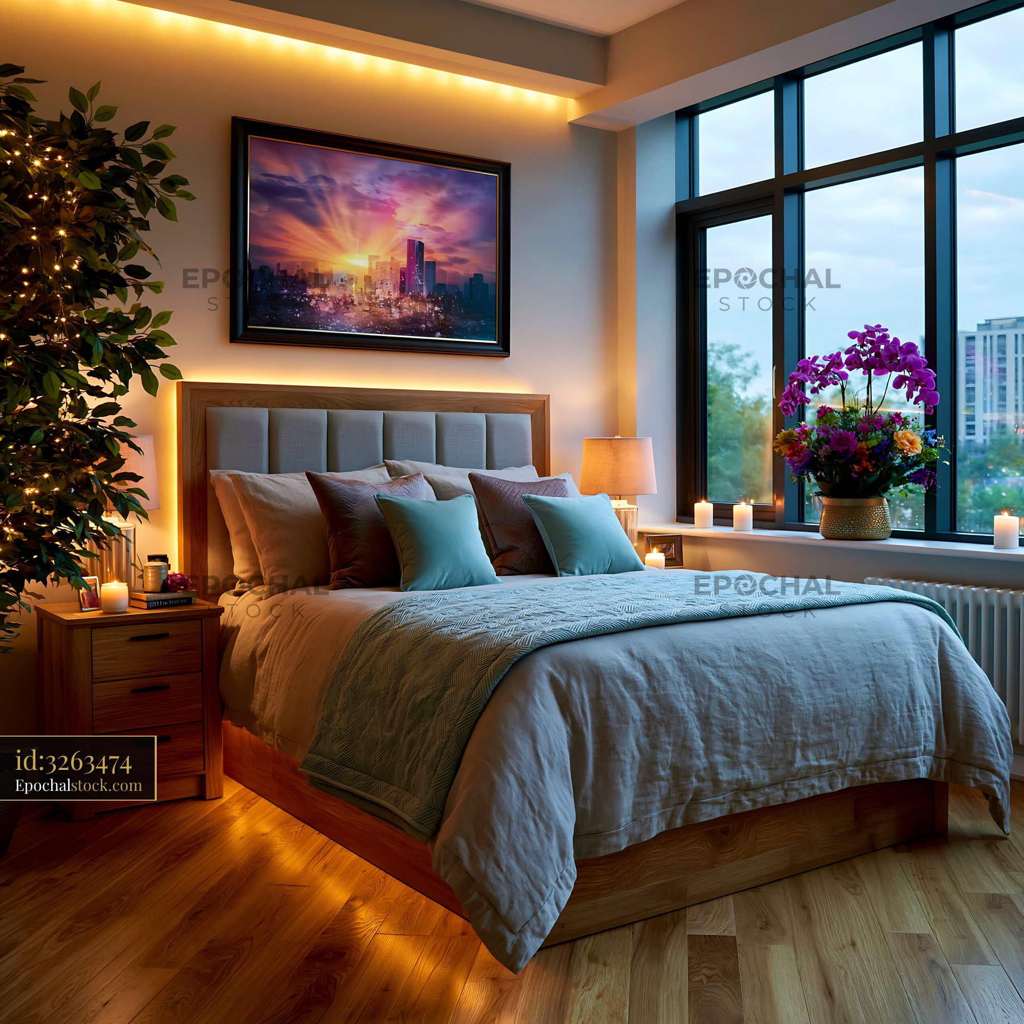 Watermarked full-resolution preview of Cozy bedroom with warm lighting and decorations