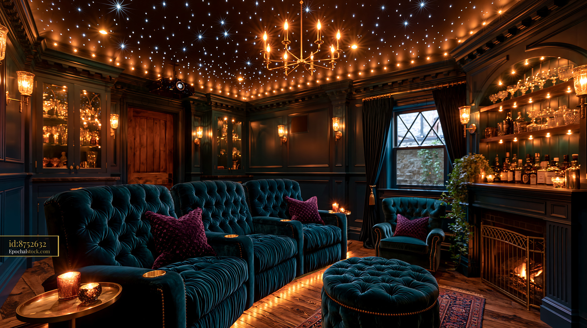 Watermarked full-resolution preview of Cozy interior of a vintage-style lounge with velvet seating