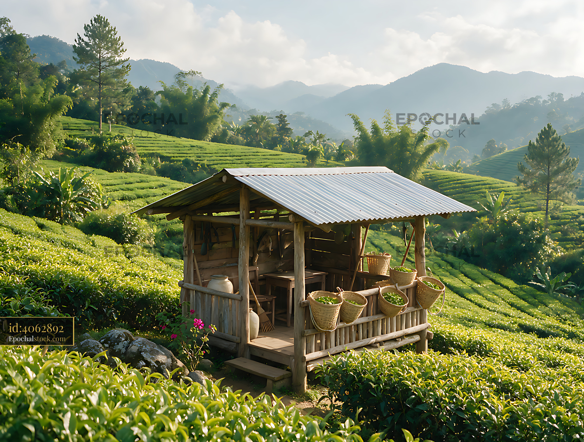 Watermarked full-resolution preview of Green tea fields and rustic shelter in mountain valley