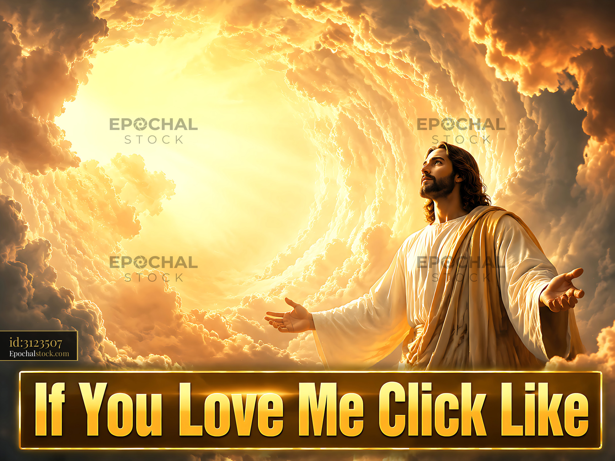 Watermarked full-resolution preview of Figure with open arms in bright sky with clouds