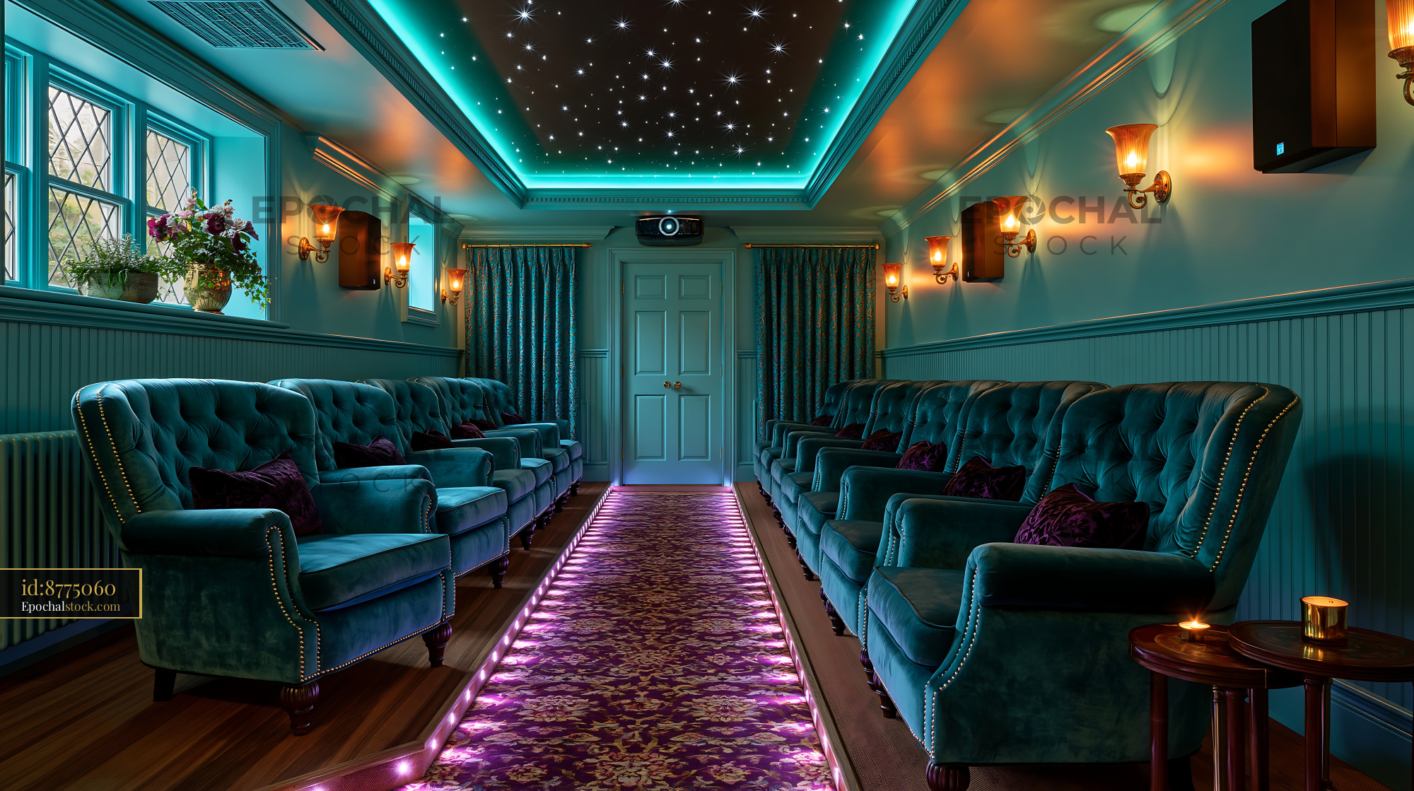 Watermarked full-resolution preview of Cozy private screening room with velvet seating and ambient lighting
