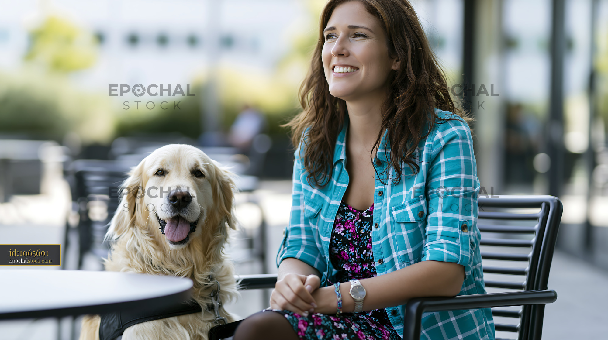 Watermarked full-resolution preview of Smiling woman sitting with golden retriever at outdoor cafe