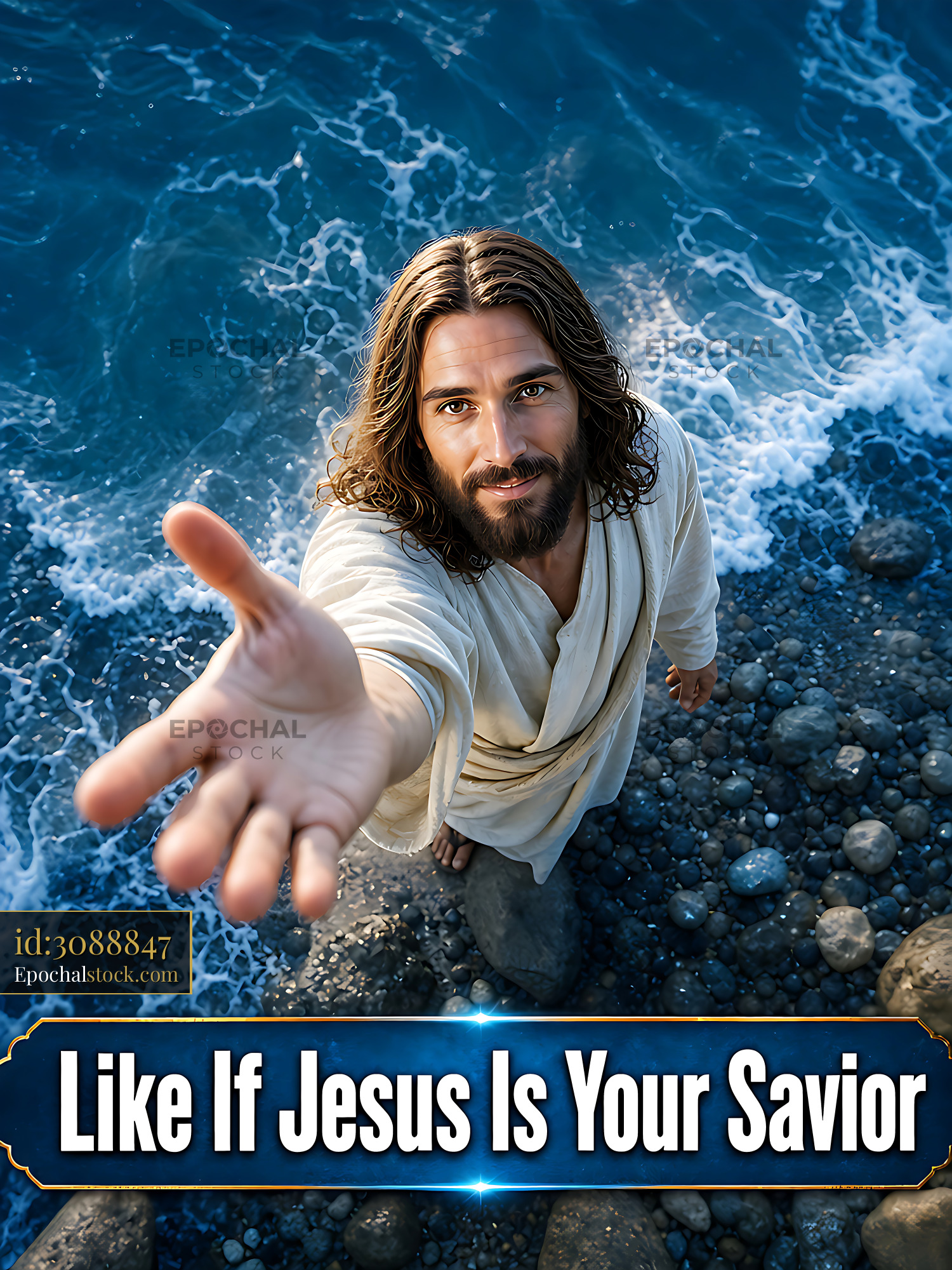 Watermarked full-resolution preview of Jesus standing by the water with outstretched hand