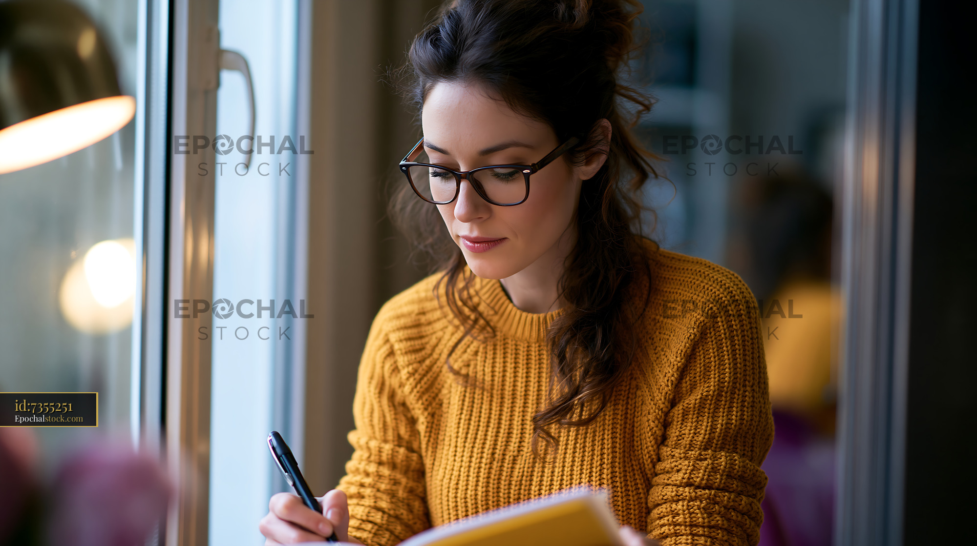 Watermarked full-resolution preview of Woman writing notes near a window in a bright indoor space