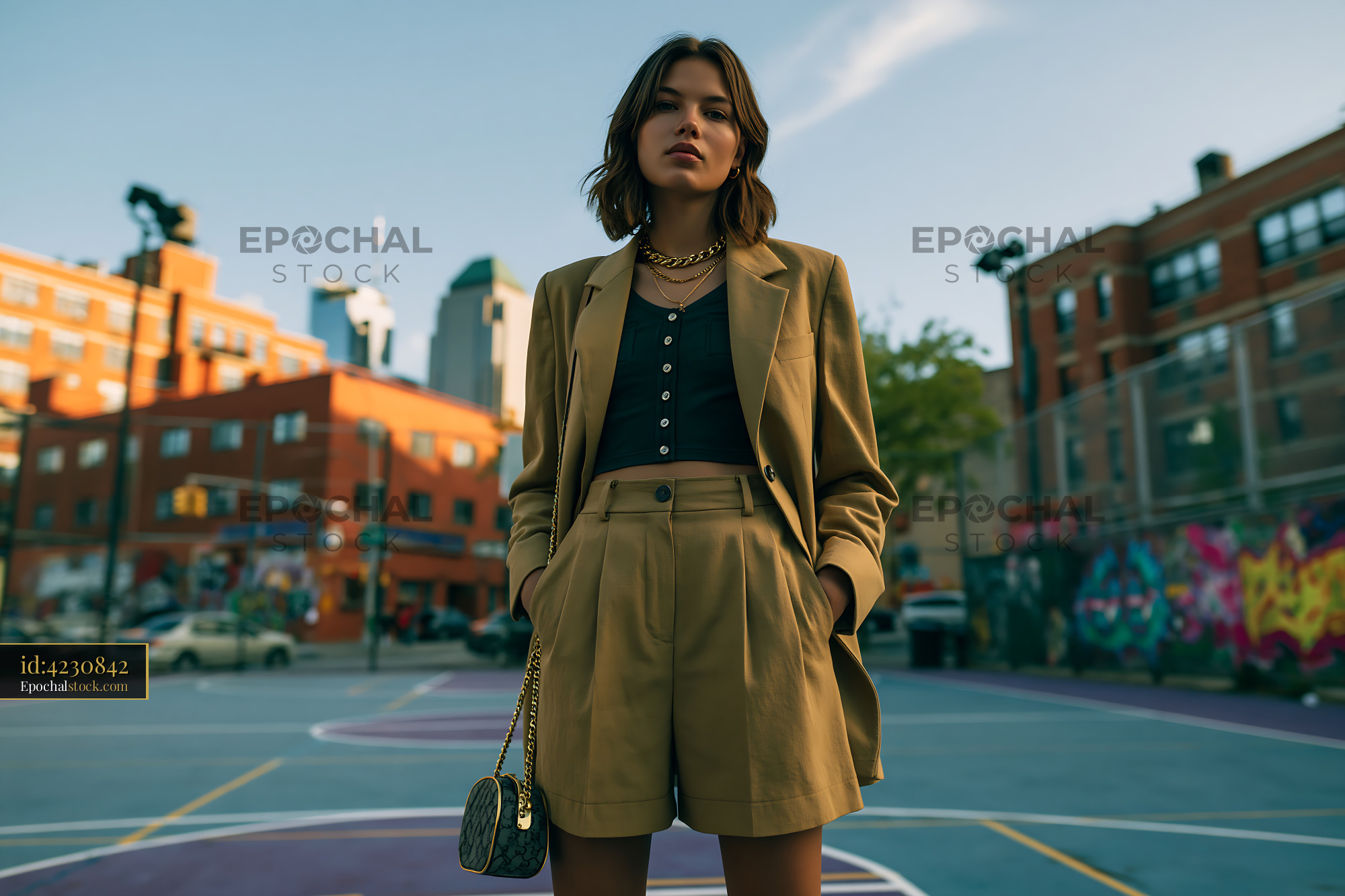 Watermarked full-resolution preview of Woman in brown suit stands on basketball court in urban setting