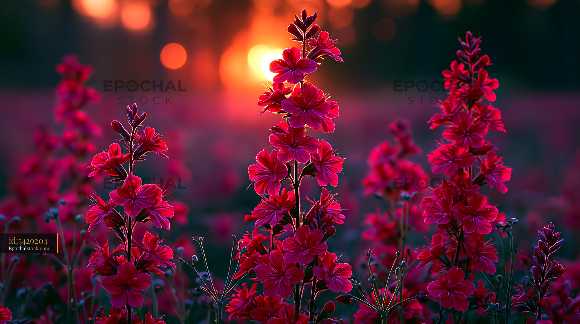 Watermarked full-resolution preview of Vibrant flowers against a sunset in a field