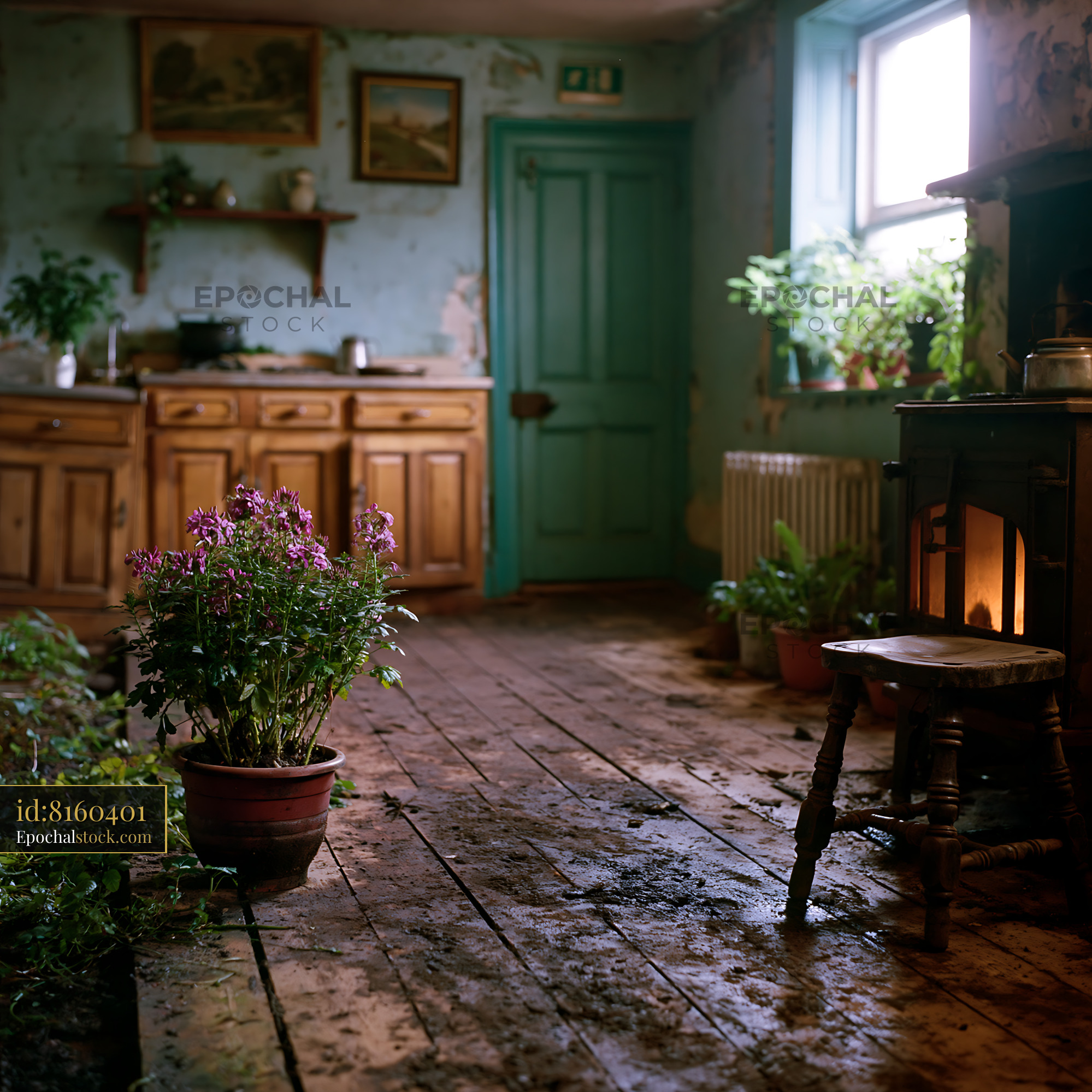 Watermarked full-resolution preview of Old kitchen with wooden furniture and plants in a rustic room