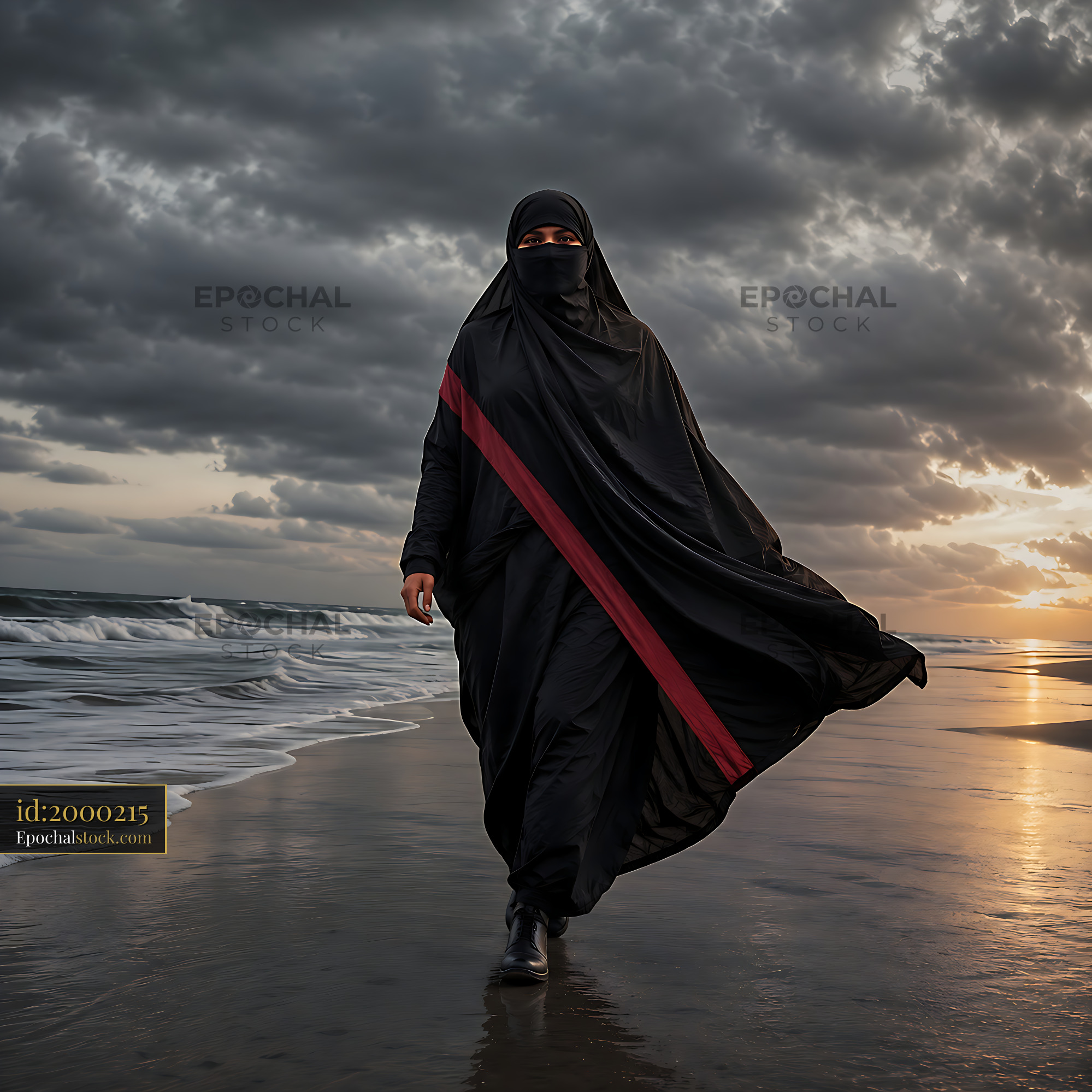 Watermarked full-resolution preview of Woman walking on beach at sunset with flowing black attire