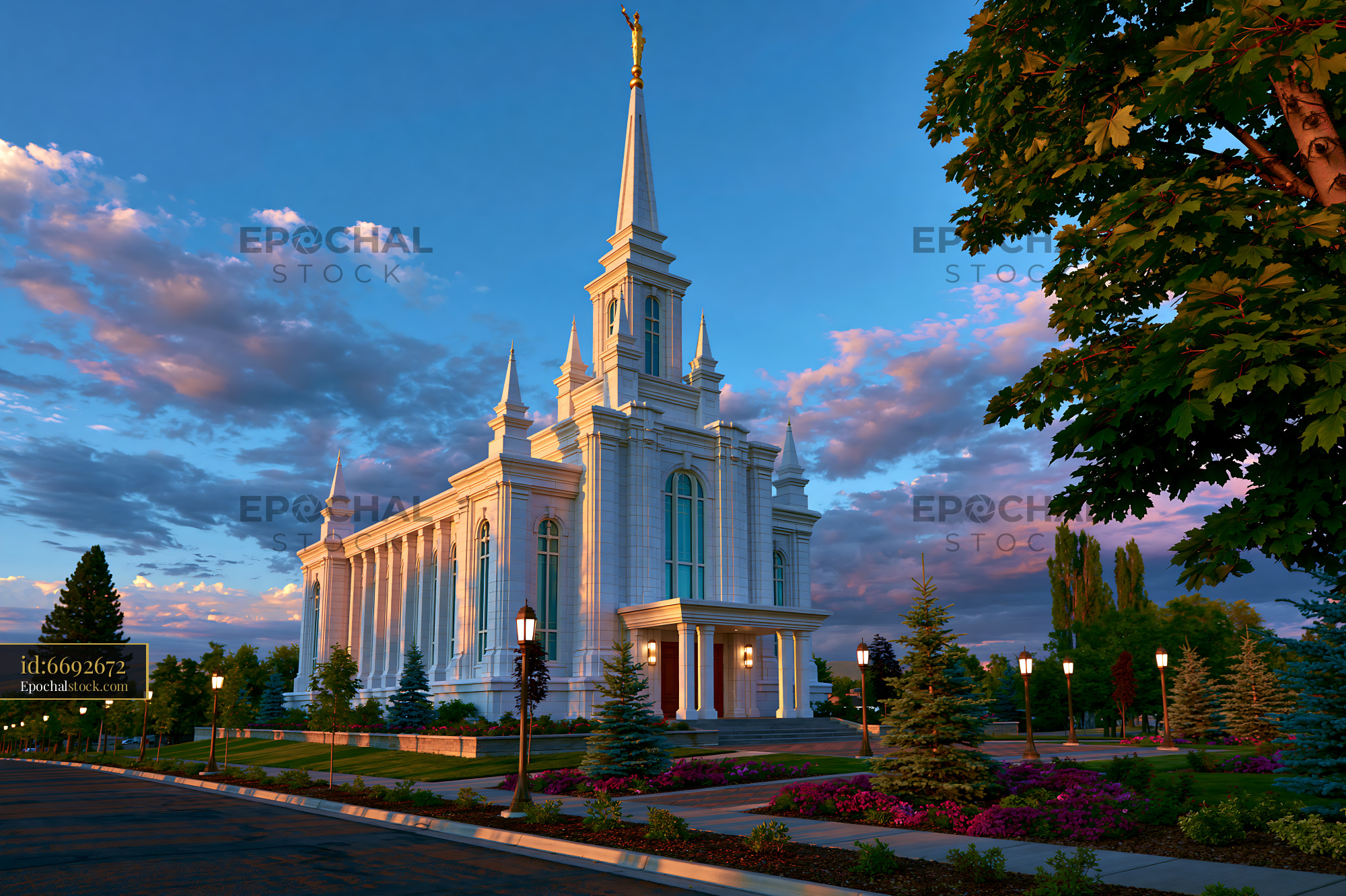 Watermarked full-resolution preview of Sunset view of a large church building surrounded by trees