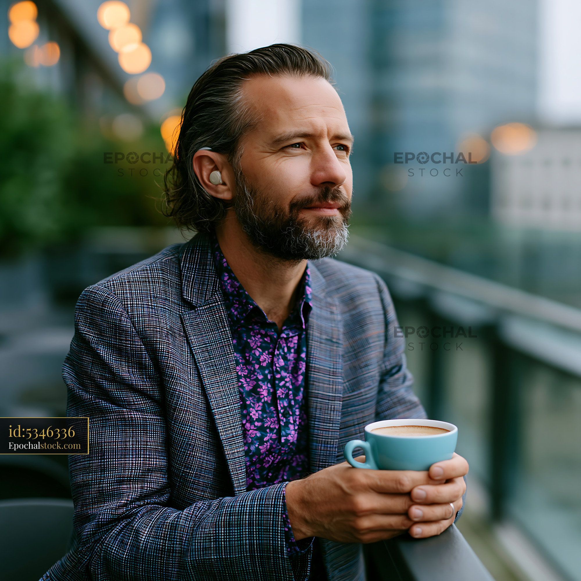 Software Developer With Hearing Aid Enjoying Coffee in Urban Setting — stock example for GPT Image 2 solution examples