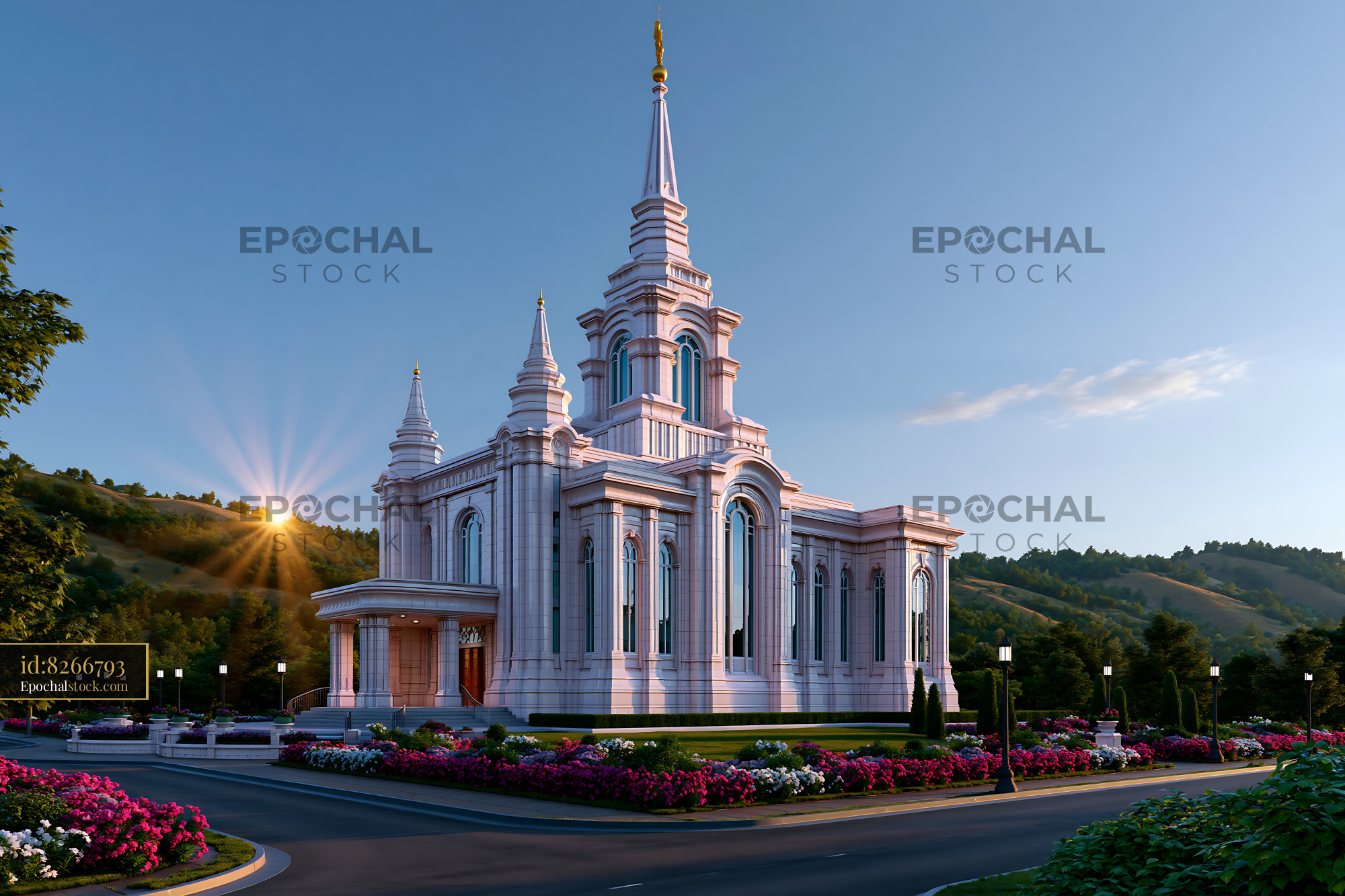 Watermarked full-resolution preview of Modern building with spires surrounded by flowers at sunset