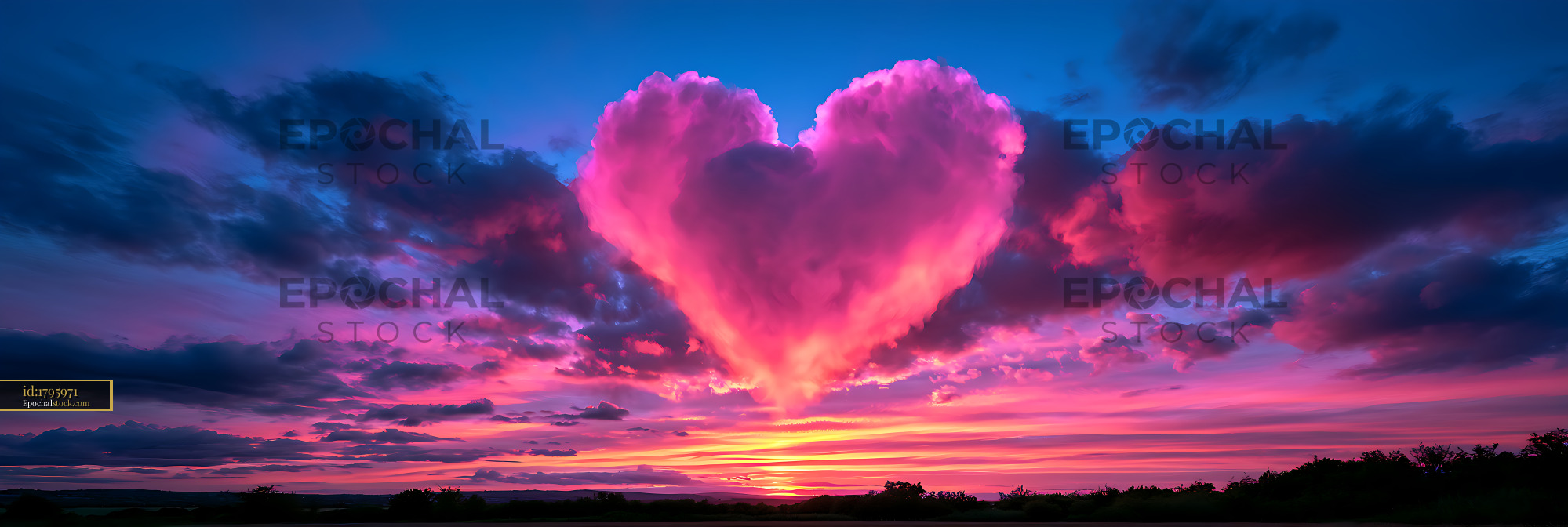 Watermarked full-resolution preview of Heart-shaped pink cloud over a colorful sunset horizon