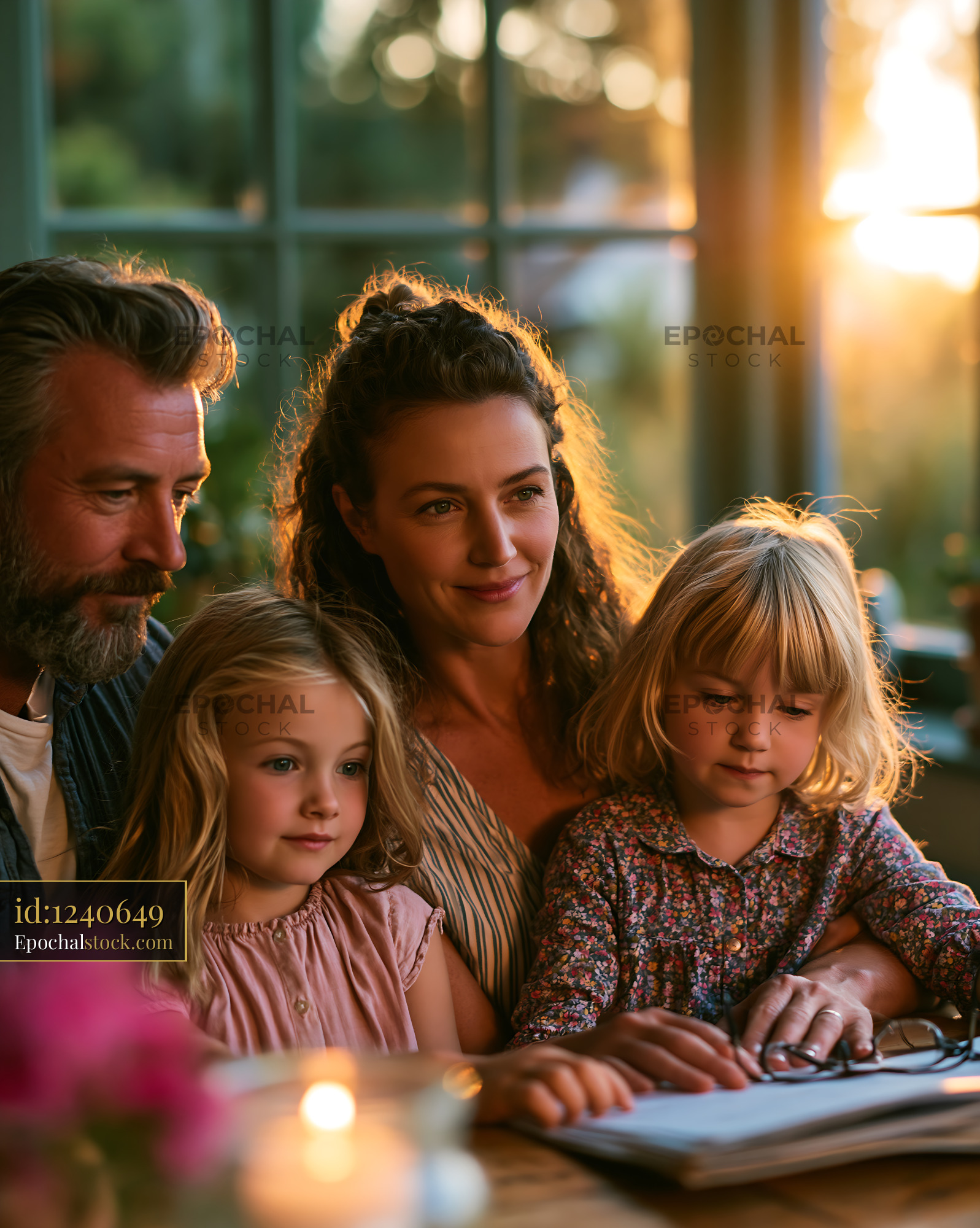 Watermarked full-resolution preview of Family enjoying time together in warm sunlight