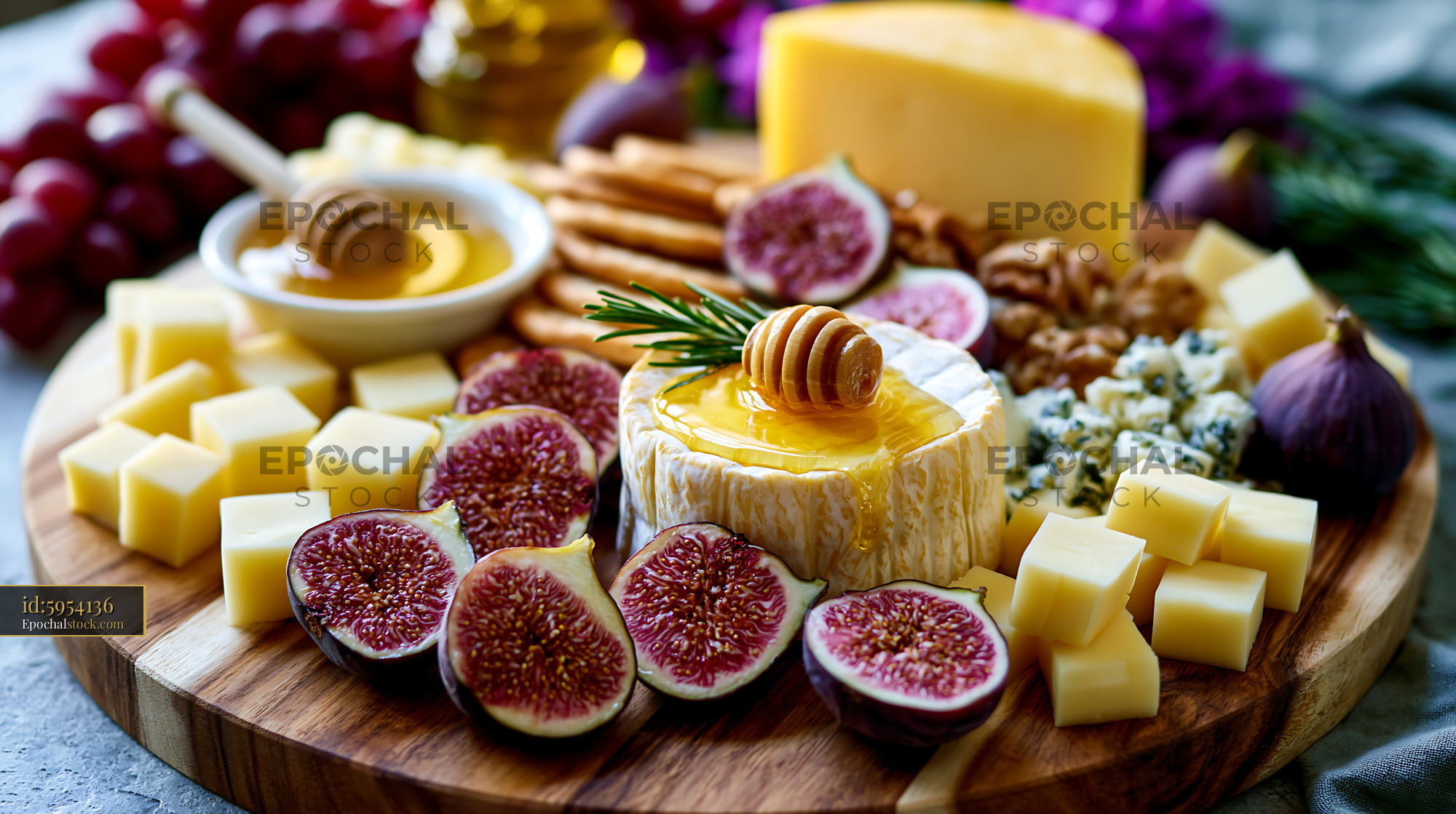 Watermarked full-resolution preview of Cheese and fruit platter with honey and nuts for a gathering