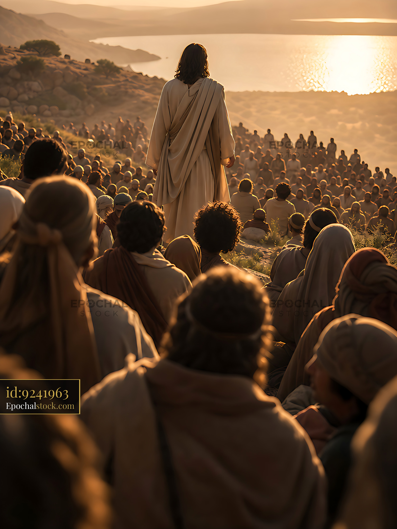Watermarked full-resolution preview of Crowd gathering to listen to teachings near water at sunset
