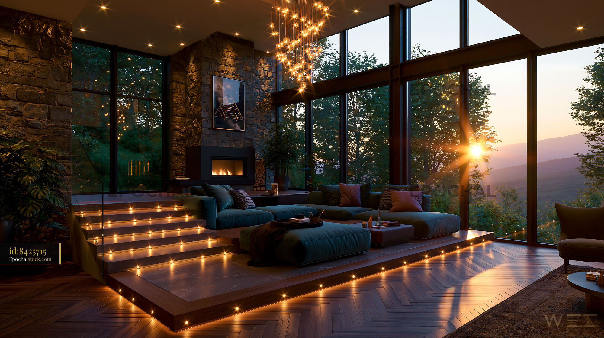 Watermarked full-resolution preview of Cozy living room with large windows and sunset view