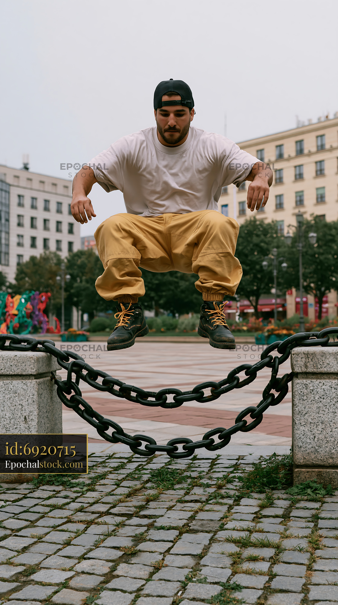 Watermarked full-resolution preview of Man jumping over a chain in a city park during the day