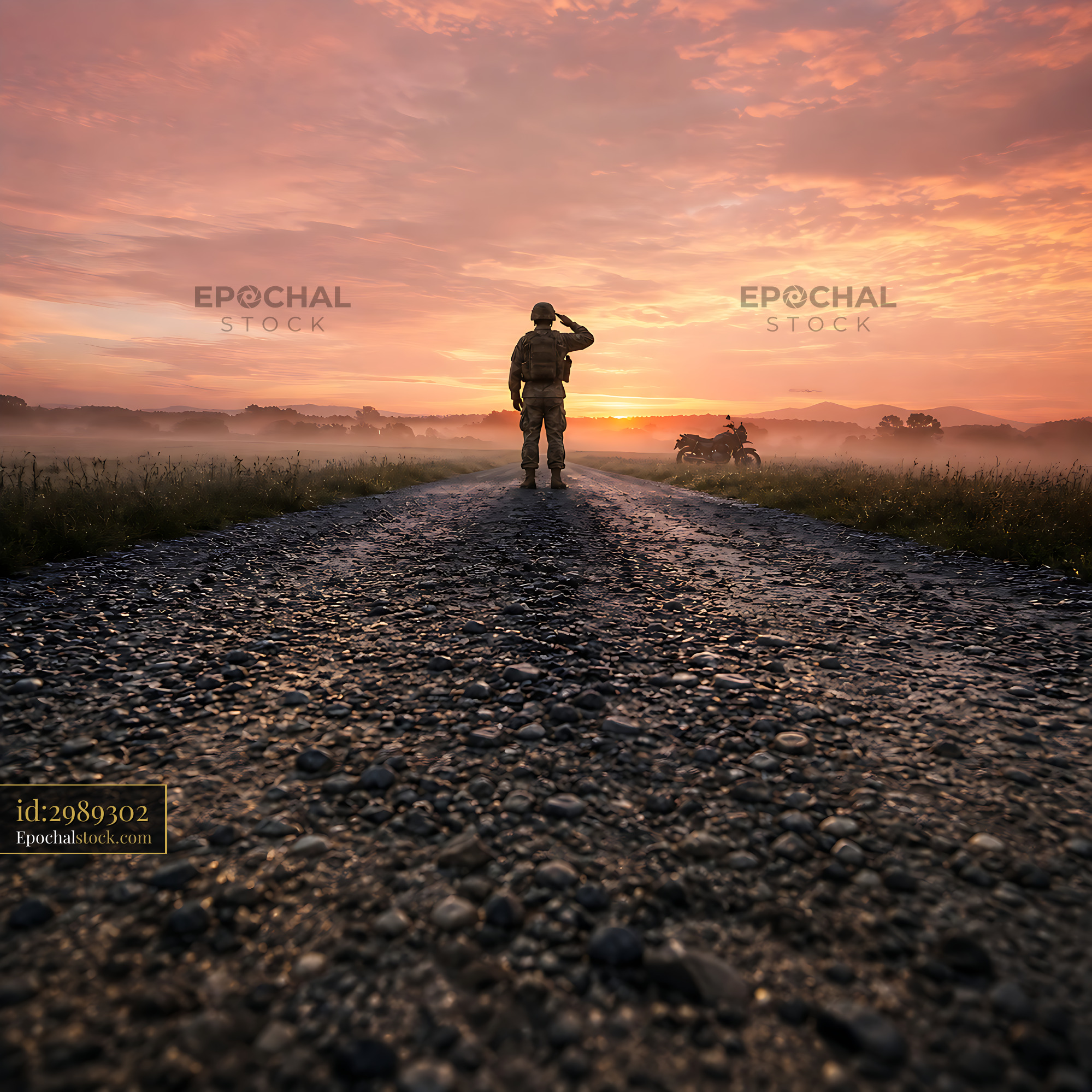 Watermarked full-resolution preview of Soldier saluting at sunset on a quiet dirt road