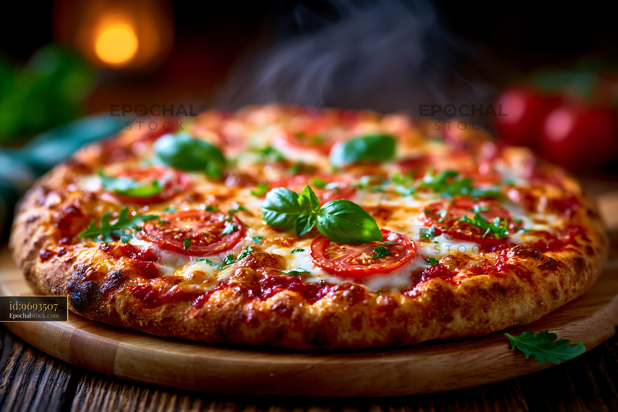 Watermarked full-resolution preview of Freshly baked pizza with basil and tomatoes on wooden table