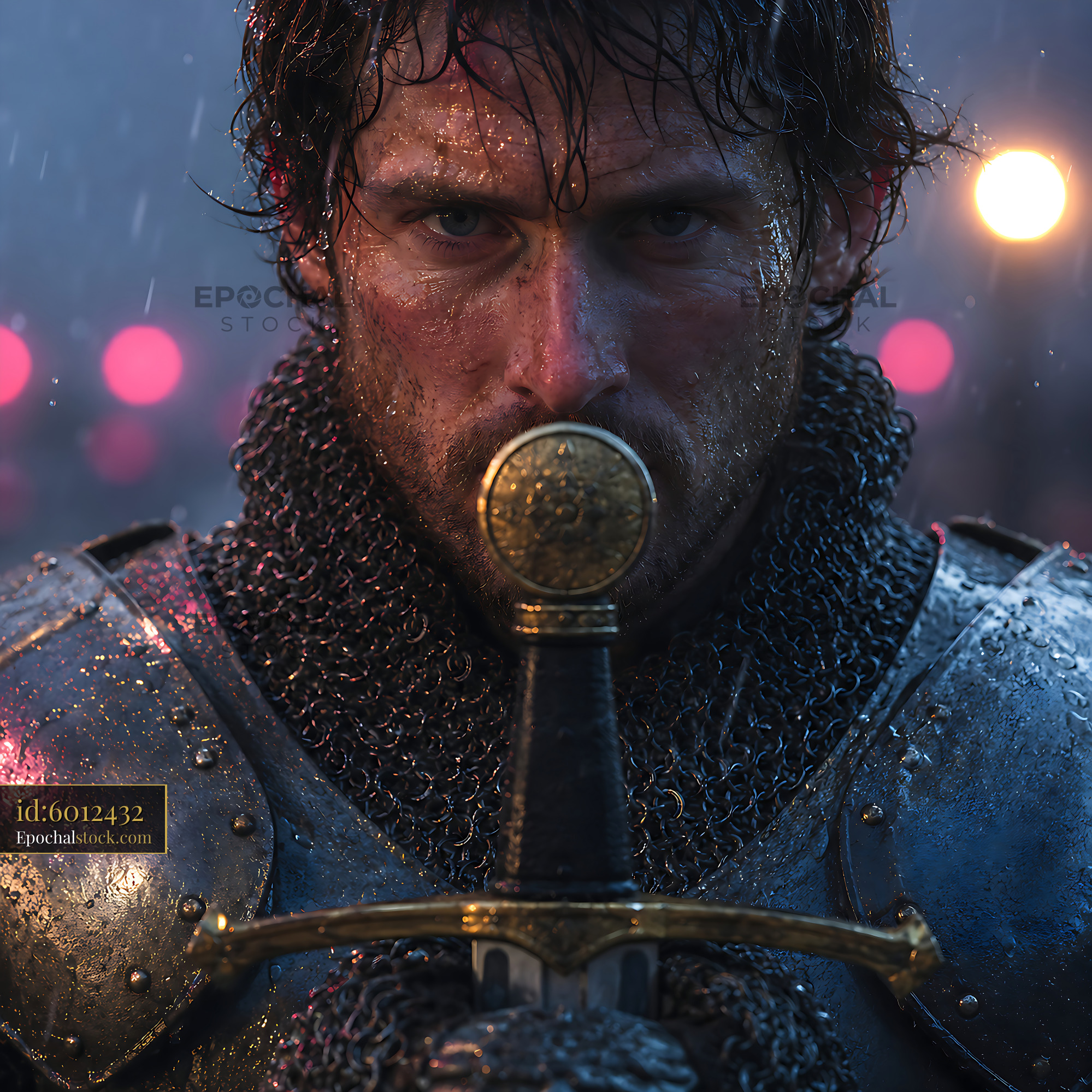 Watermarked full-resolution preview of Warrior holding sword in rain with lights in background