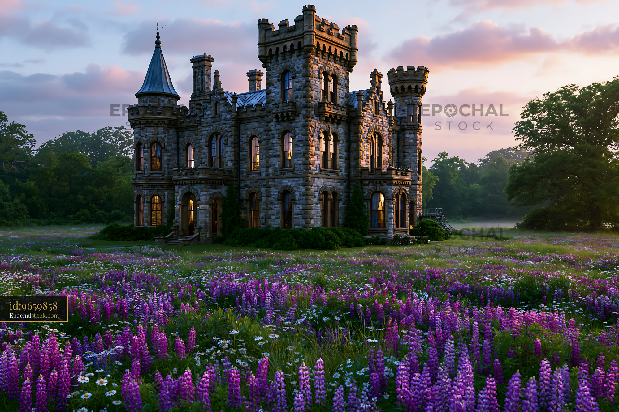 Watermarked full-resolution preview of Castle surrounded by flowers at sunset with multiple towers