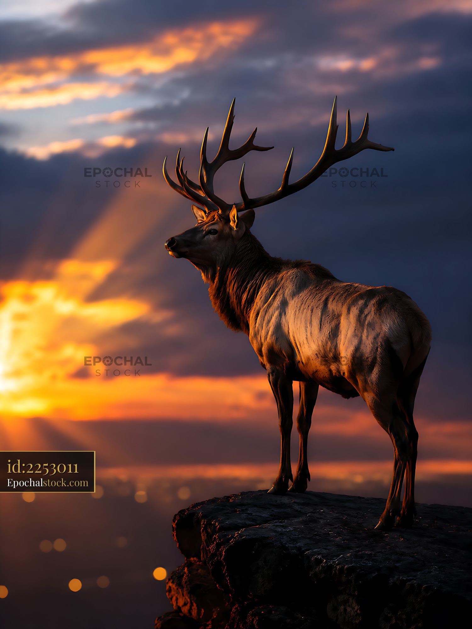 Watermarked full-resolution preview of Stag standing on rock at sunset with dramatic sky