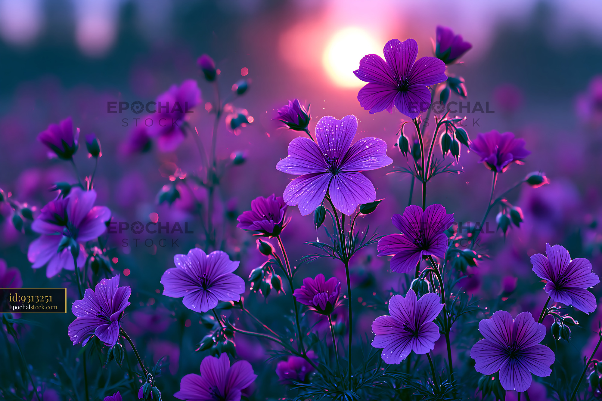 Purple Flowers Bloom at Sunset in a Field of Nature - stock photo