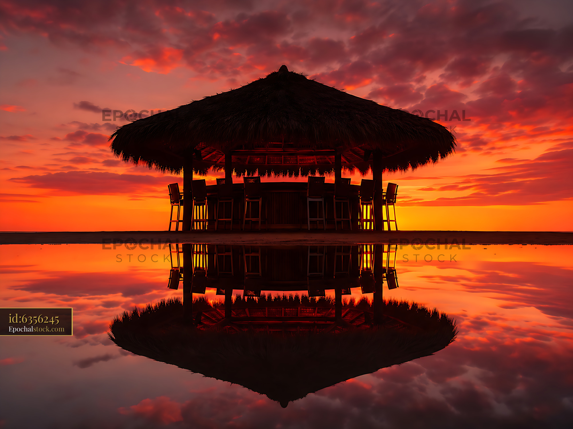 Beach Hut Silhouette Reflects on Water During Sunset - stock photo