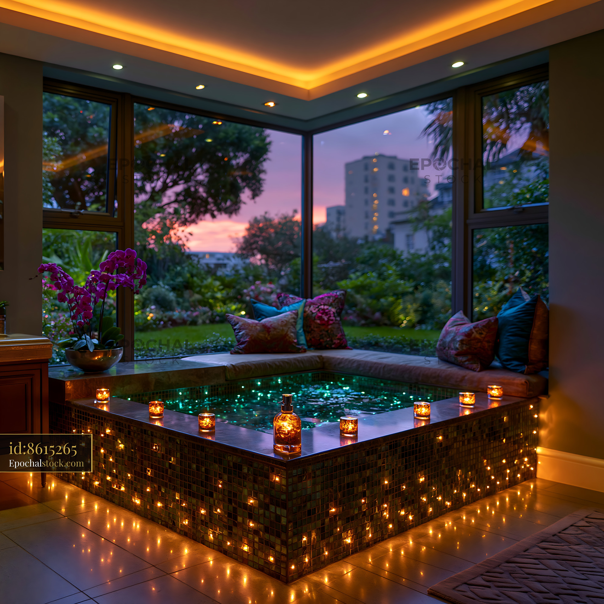 Watermarked full-resolution preview of Spa area with candles and flowers near a garden at sunset
