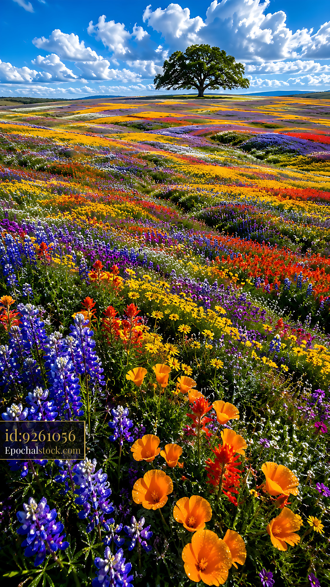 Watermarked full-resolution preview of Colorful wildflower field under blue sky with clouds