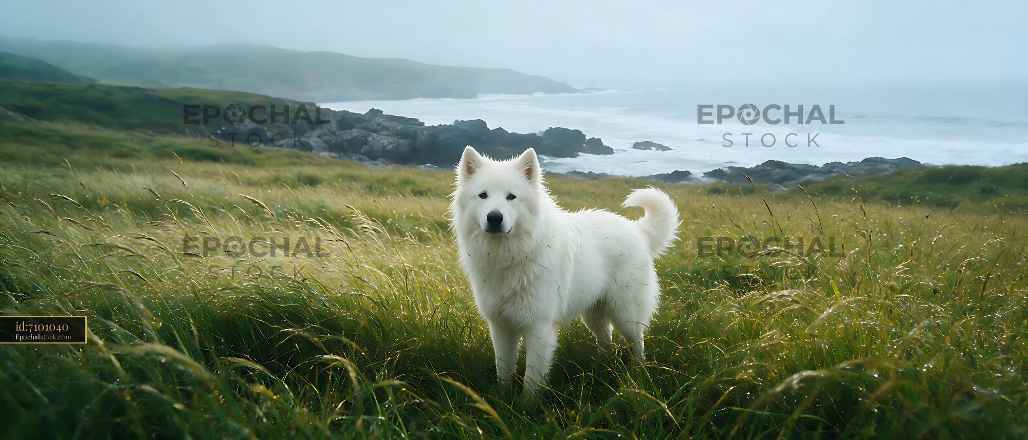 Watermarked full-resolution preview of White dog in tall grass beside a misty coast