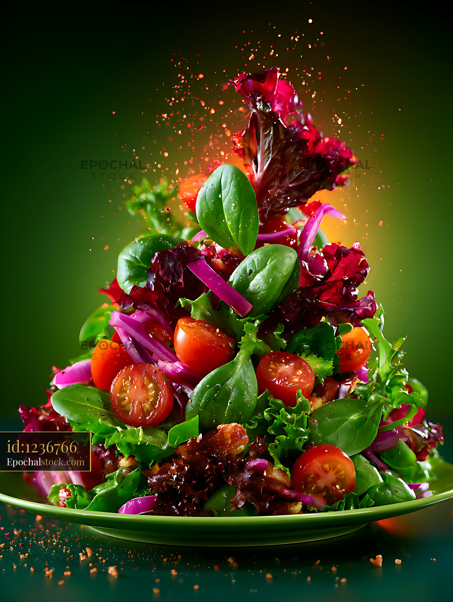 Watermarked full-resolution preview of Colorful salad with fresh vegetables and greens in vibrant setting