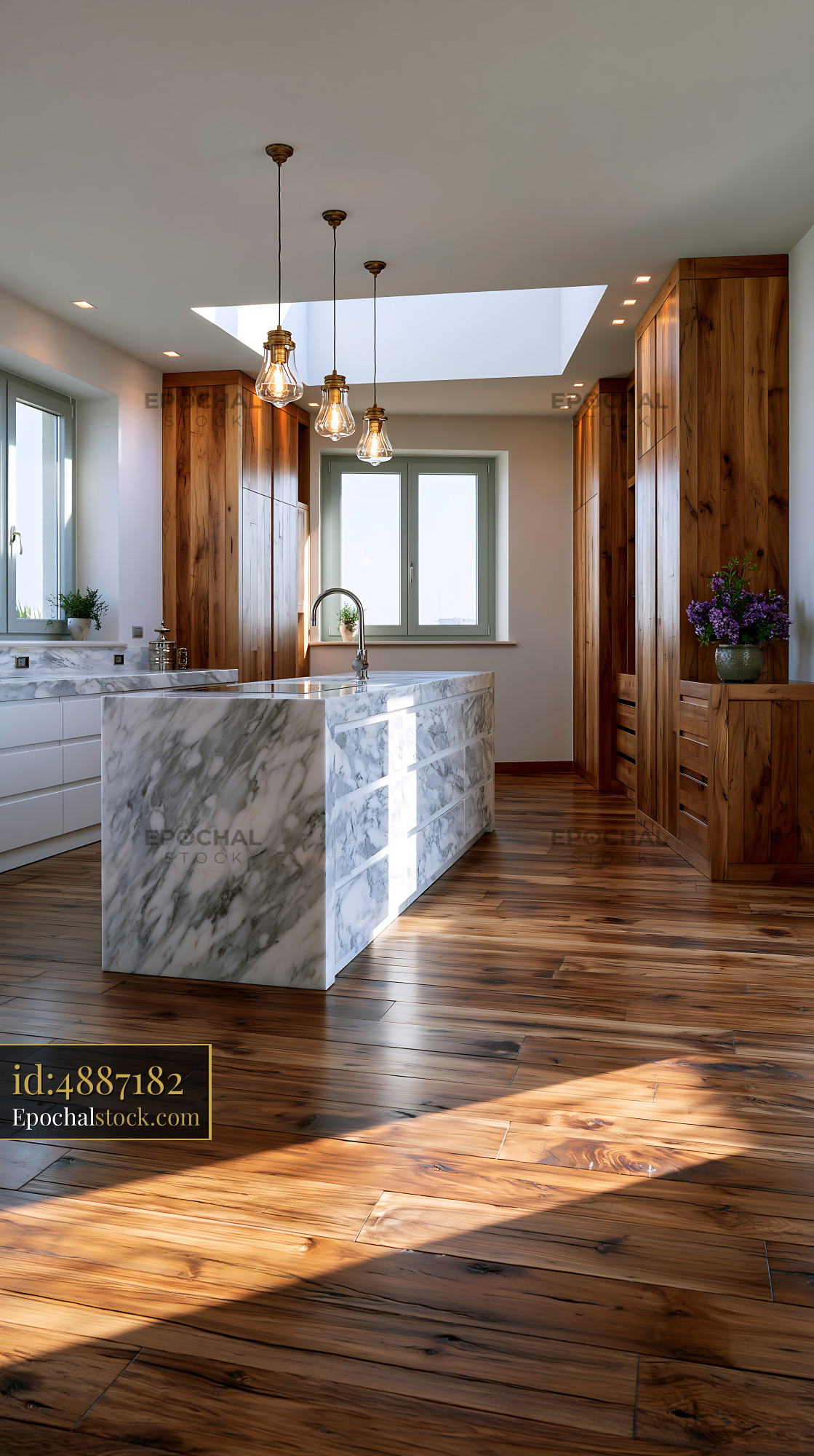 Watermarked full-resolution preview of Modern kitchen design with marble and wood elements