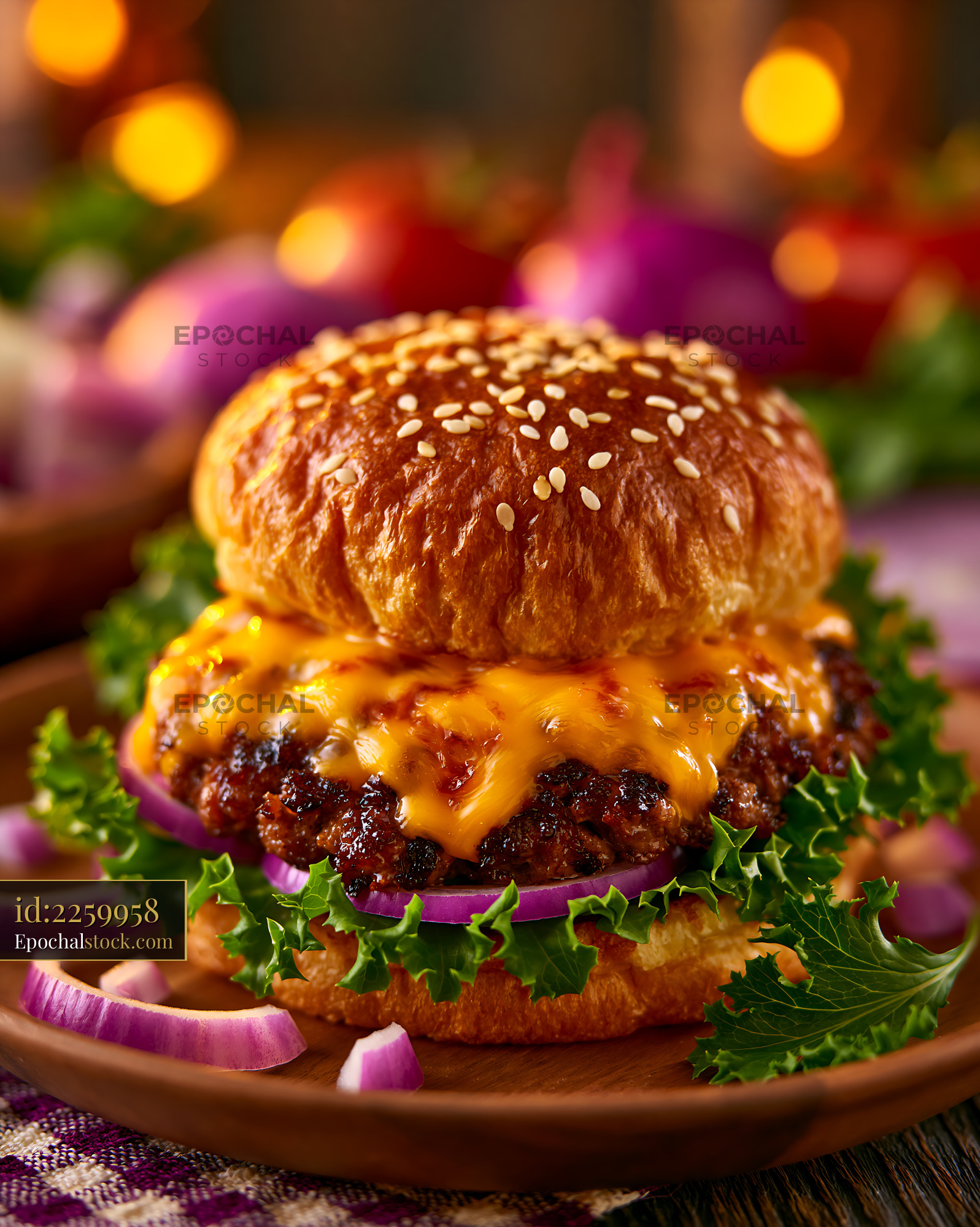 Watermarked full-resolution preview of Juicy cheeseburger with sesame seed bun and fresh toppings