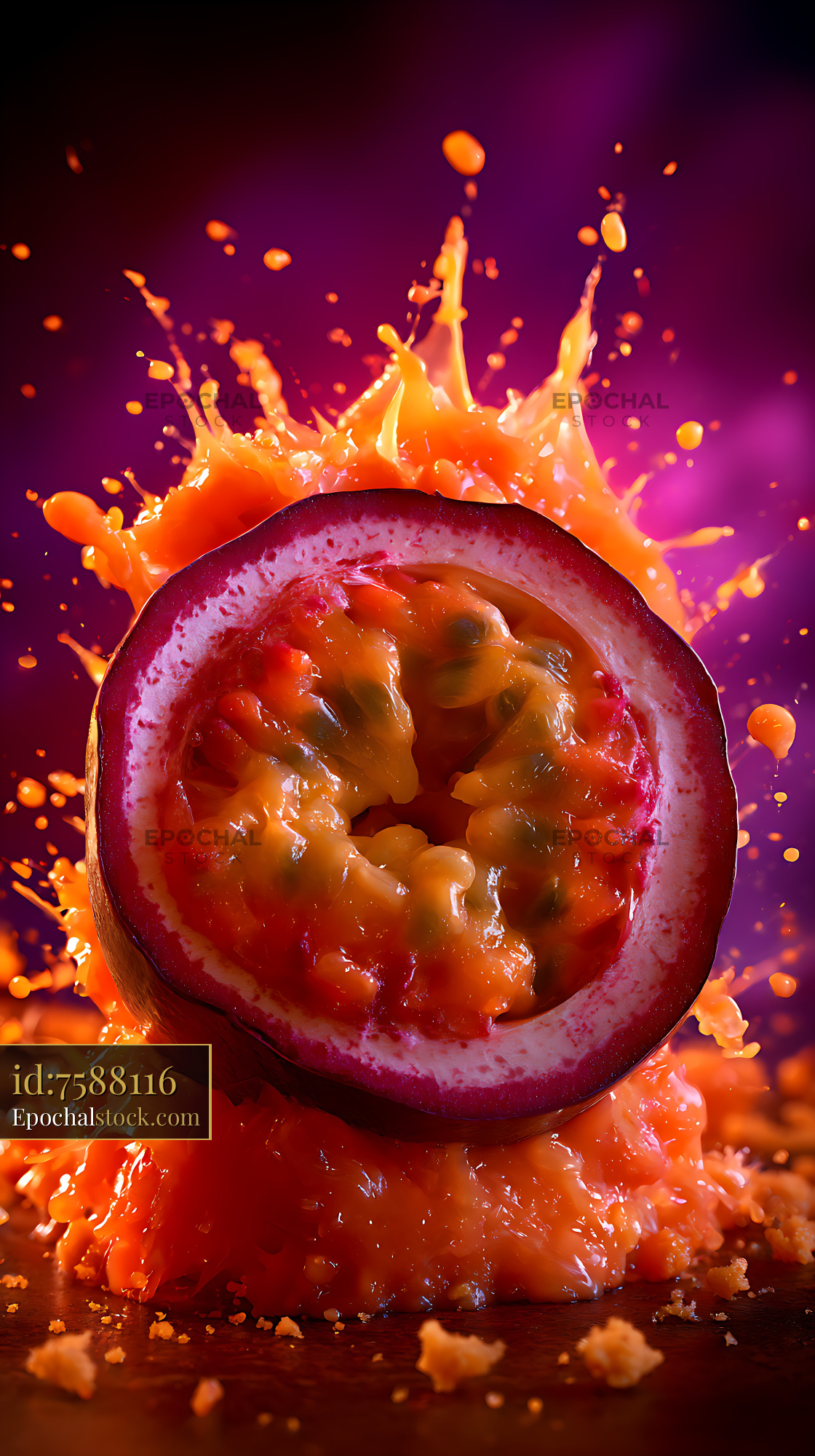 Watermarked full-resolution preview of Halved passion fruit in a vivid juice splash