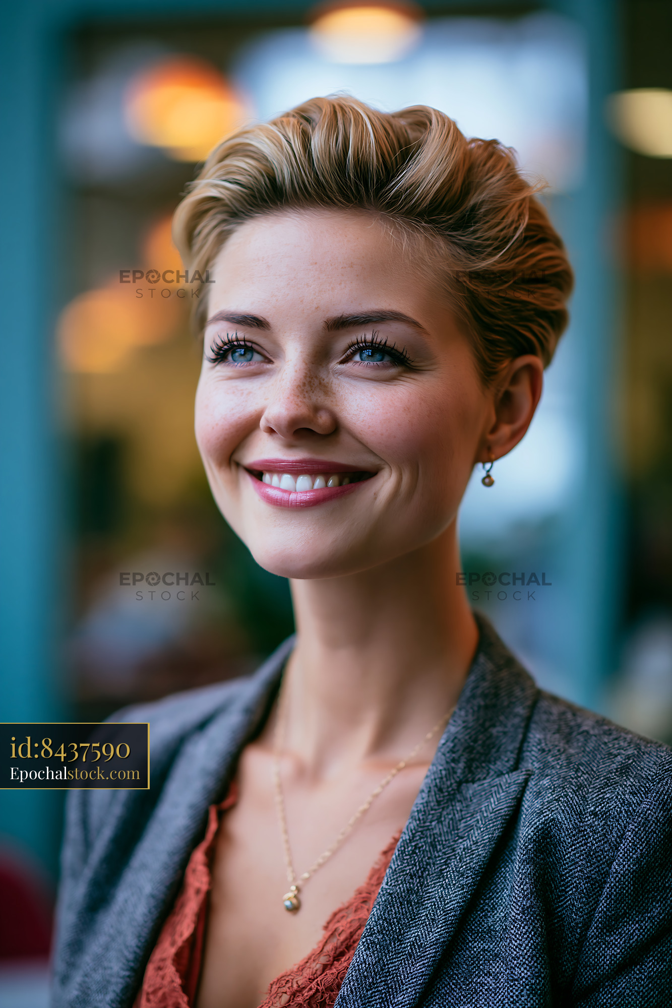 Woman Smiles Confidently in Tailored Blazer With Soft Lighting - stock photo